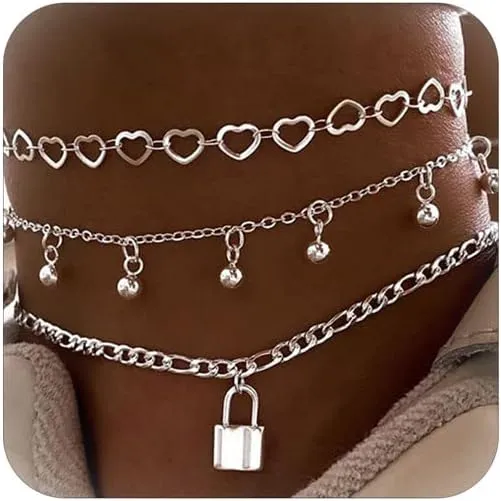 3PCS Ankle Bracelet Cuban Link Chain Anklet Boho Summer Beach Barefoot Sandals Bracelet Lock Paperclip Chain Ankle Bracelets