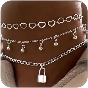 3PCS Ankle Bracelet Cuban Link Chain Anklet Boho Summer Beach Barefoot Sandals Bracelet Lock Paperclip Chain Ankle Bracelets