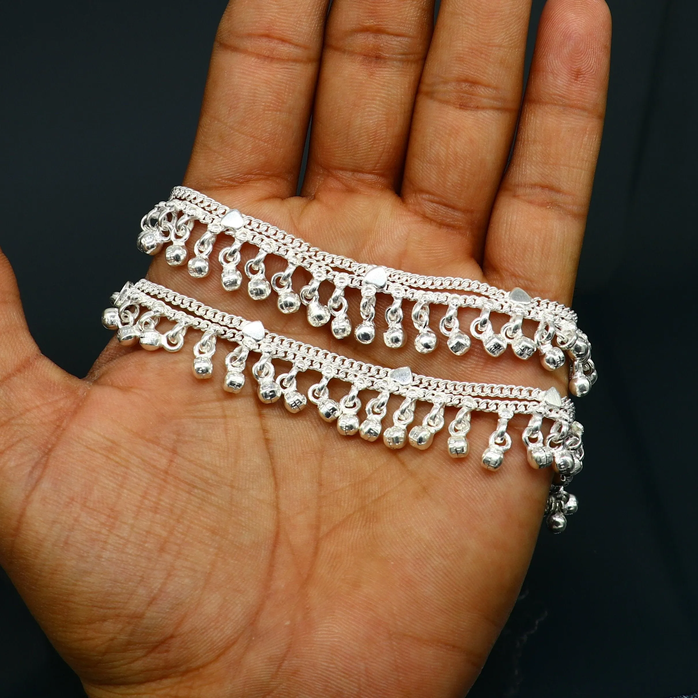 5.5" long Sterling silver customized baby anklets, stunning hanging waved jingling bells, charming noisy ankle bracelet kids jewelry ank411