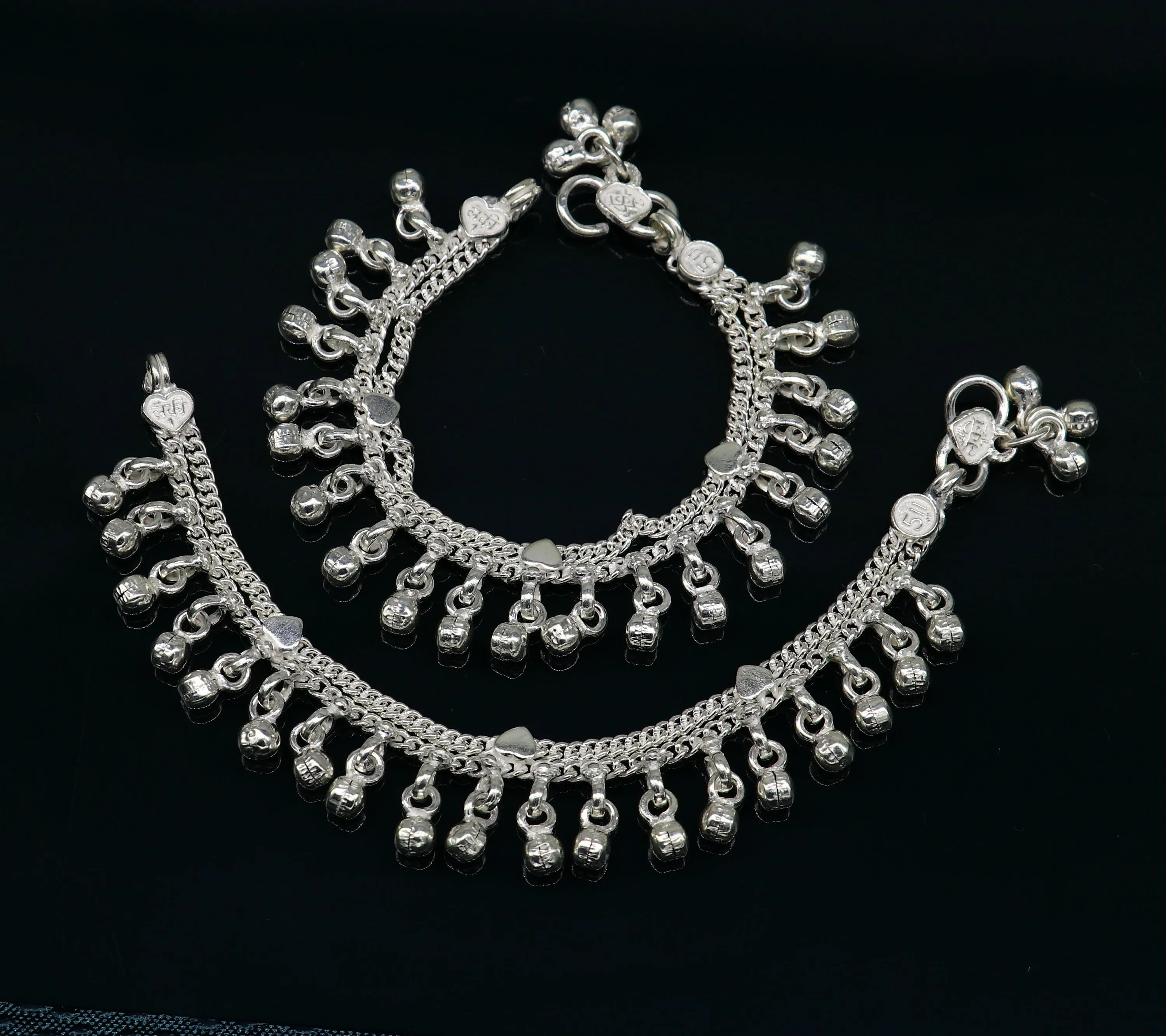 5.5" long Sterling silver customized baby anklets, stunning hanging waved jingling bells, charming noisy ankle bracelet kids jewelry ank411