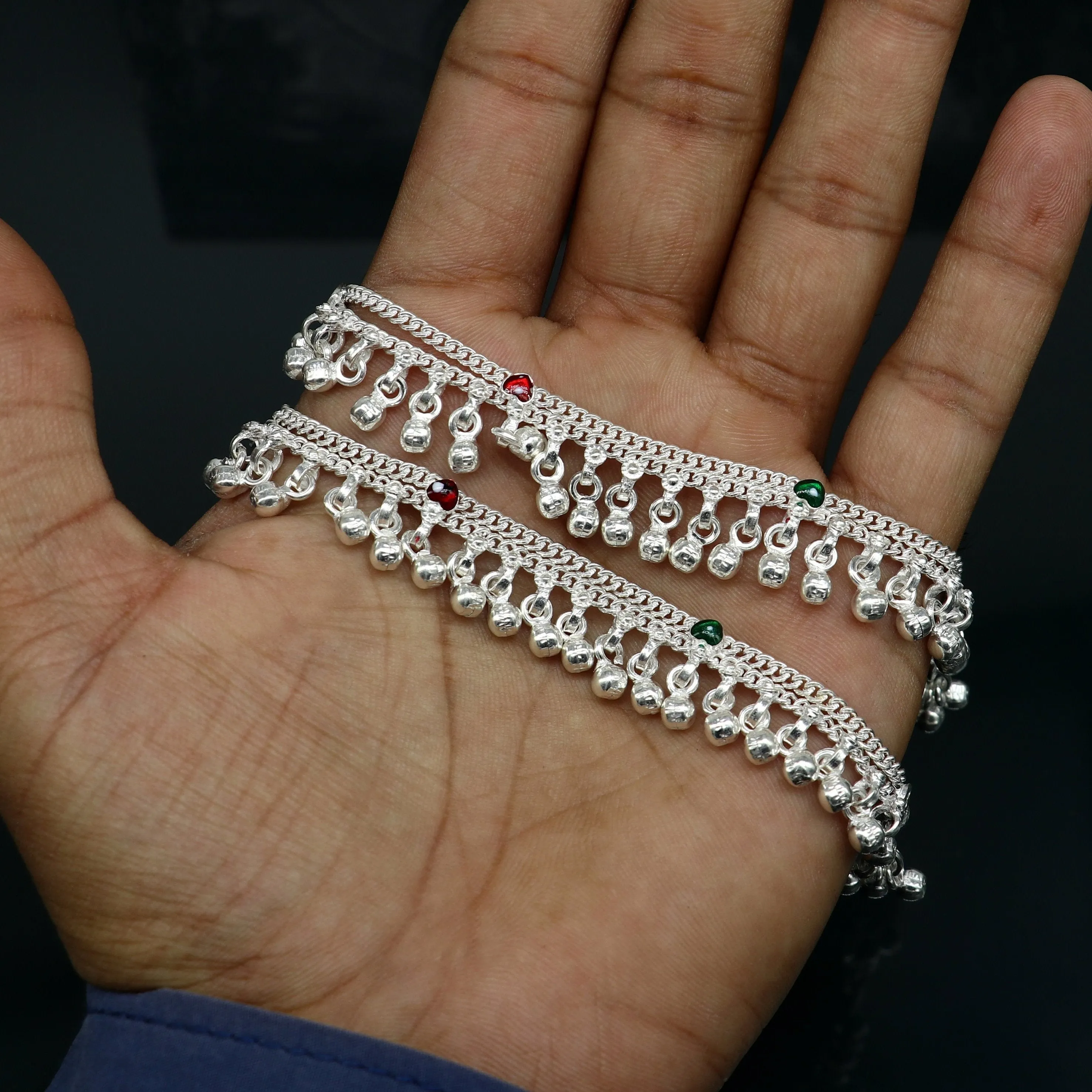 5" long Sterling silver customized baby anklets, stunning hanging waved jingling bells, charming noisy ankle bracelet kids jewelry ank410