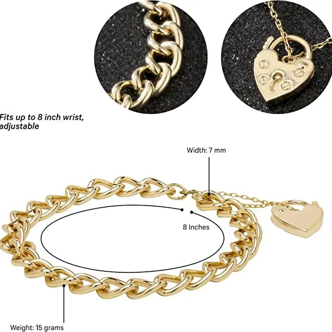 7mm Gold Filled Curb Bracelet Heart Padlock Charm 8 Inch