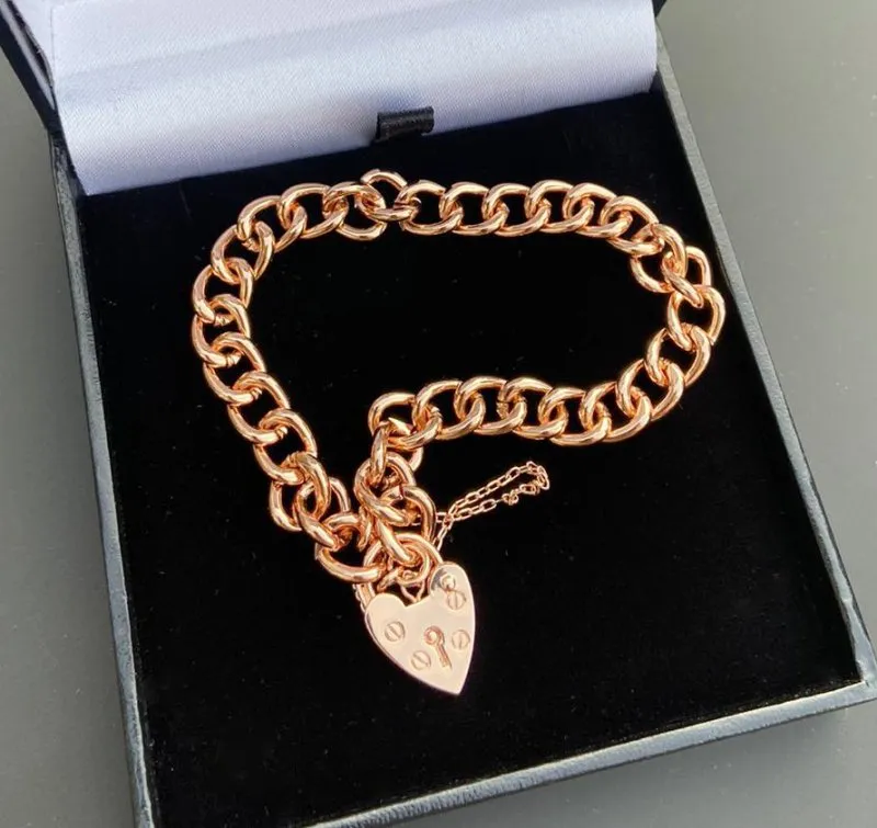 7mm Rose Gold Heart Padlock Bracelet Safety Chain 8 Inch