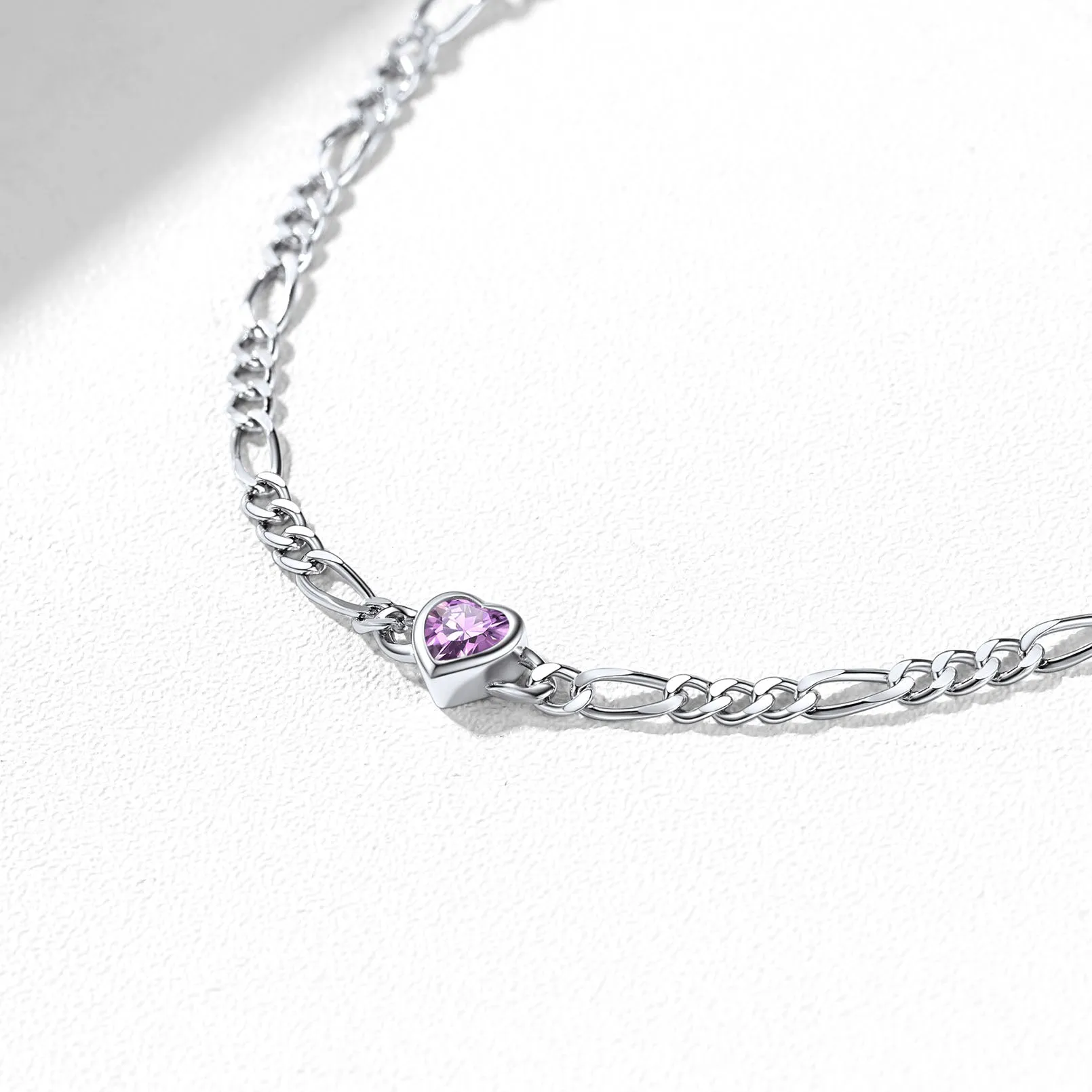 925 Sterling Silver Heart Birthstone Figaro Anklet for Women