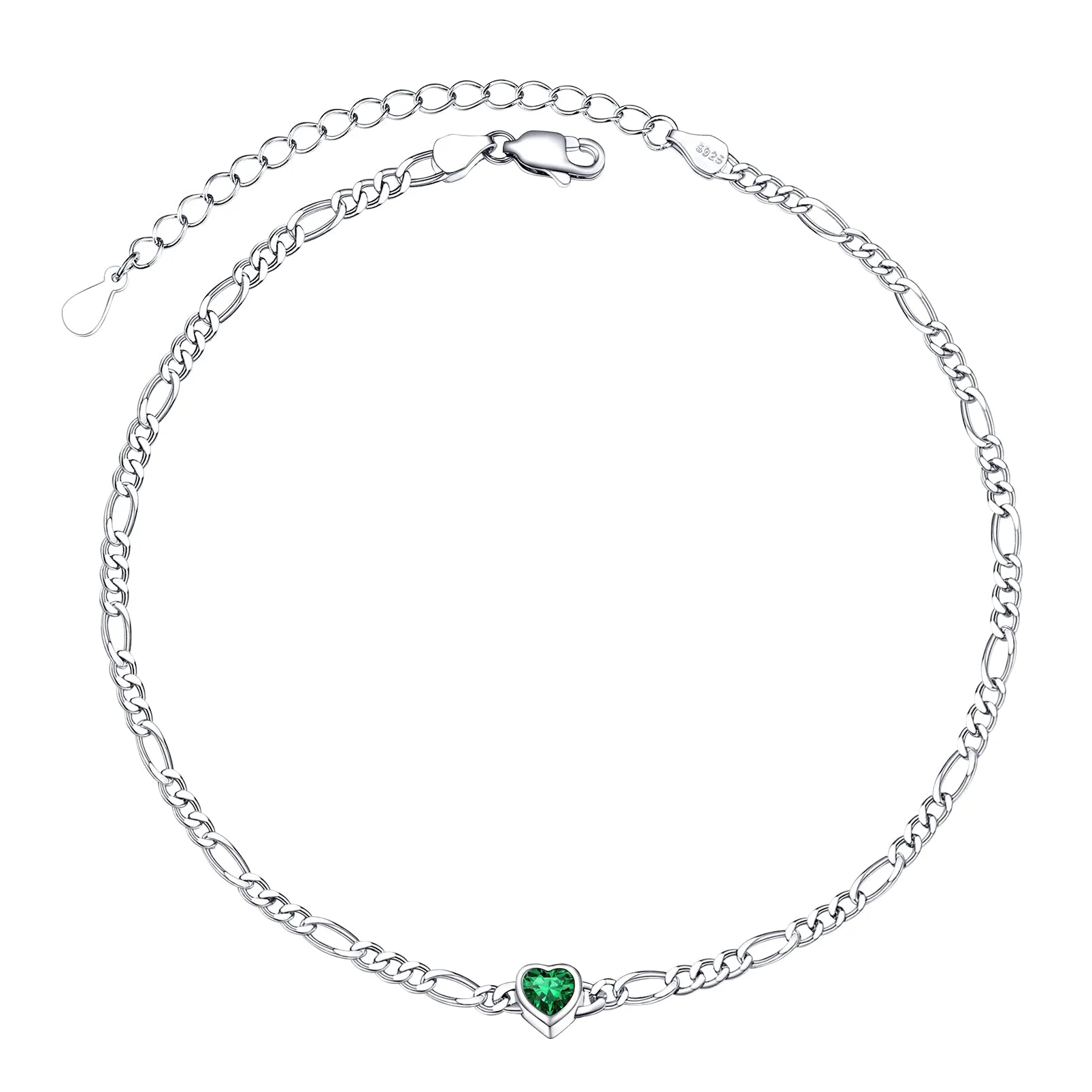 925 Sterling Silver Heart Birthstone Figaro Anklet for Women