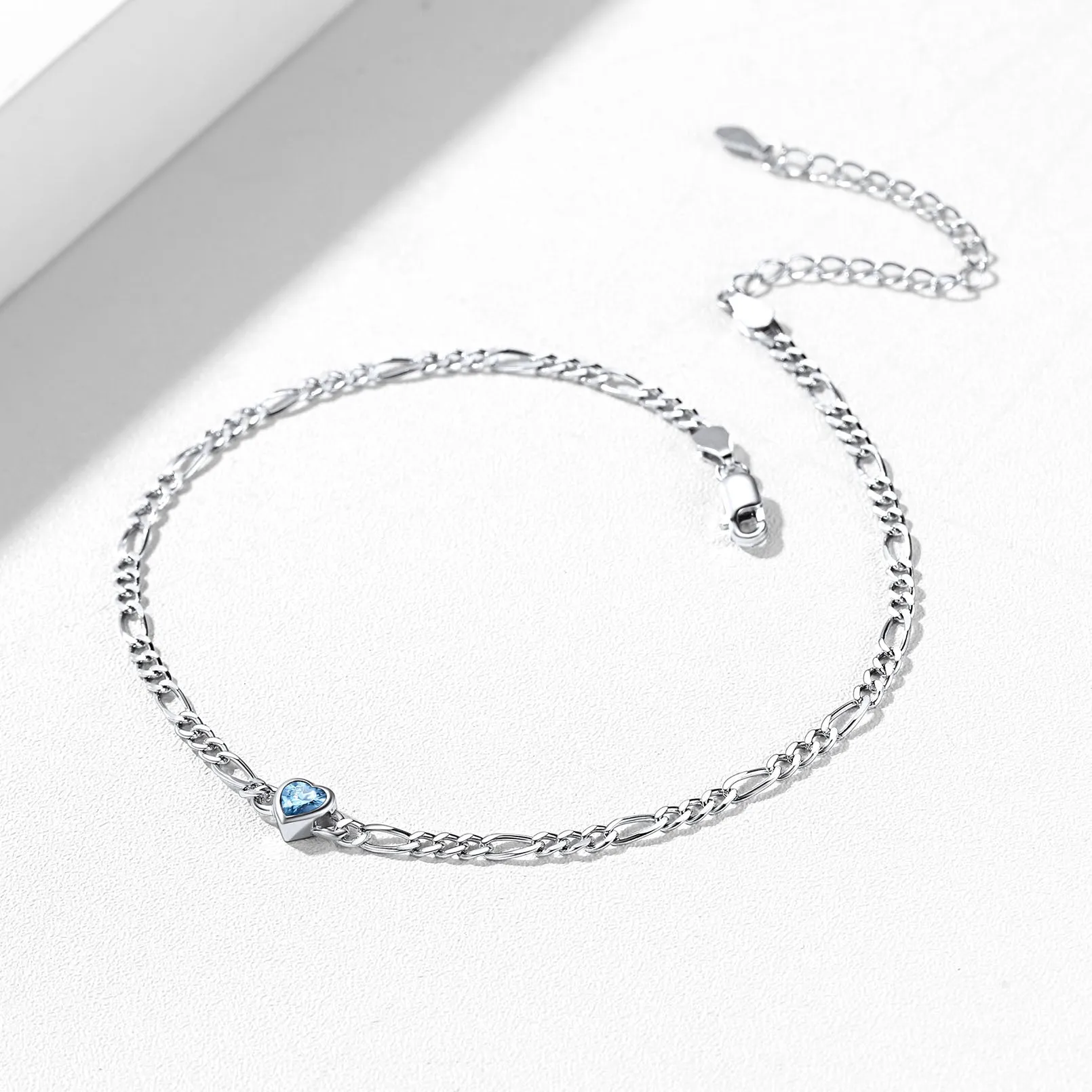 925 Sterling Silver Heart Birthstone Figaro Anklet for Women