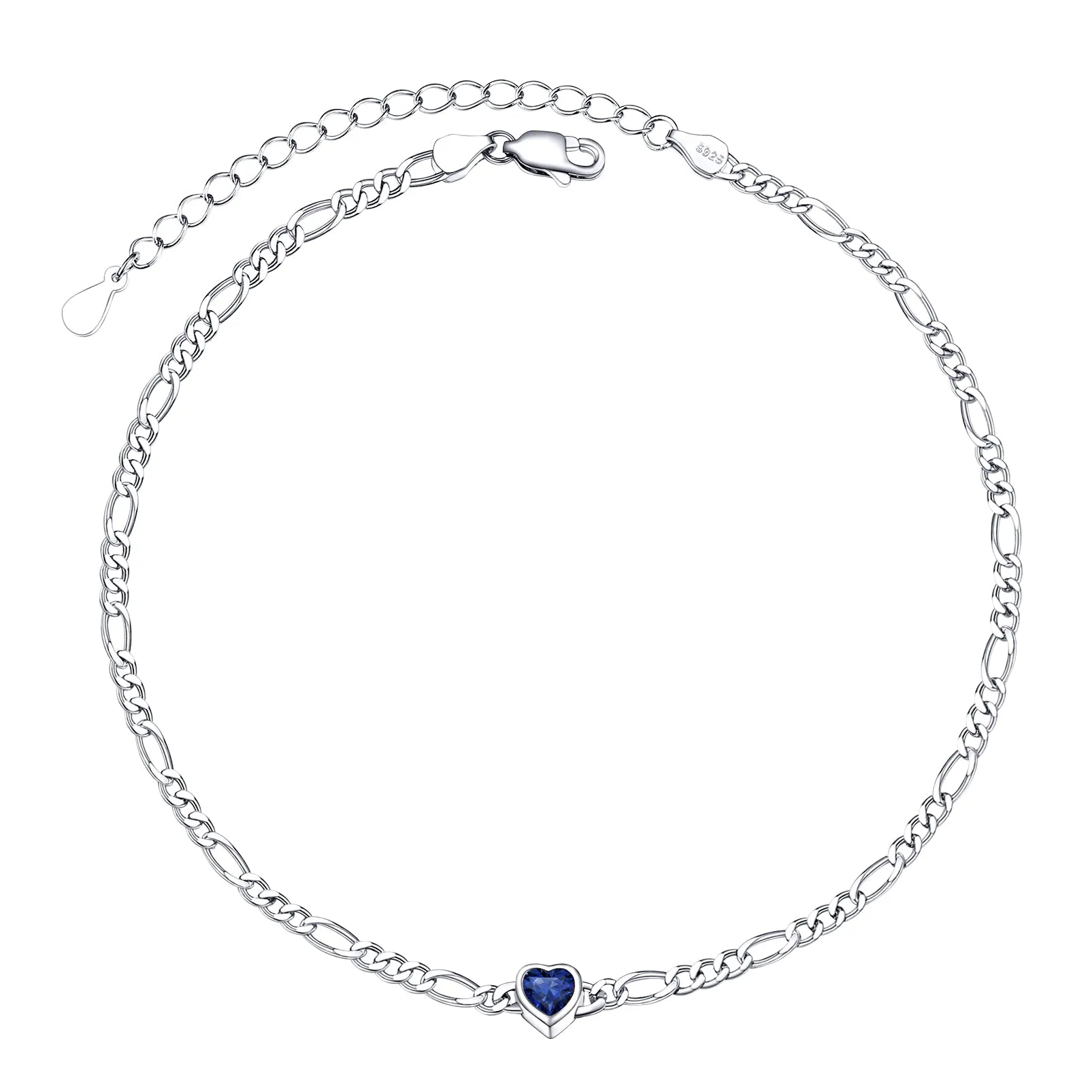 925 Sterling Silver Heart Birthstone Figaro Anklet for Women