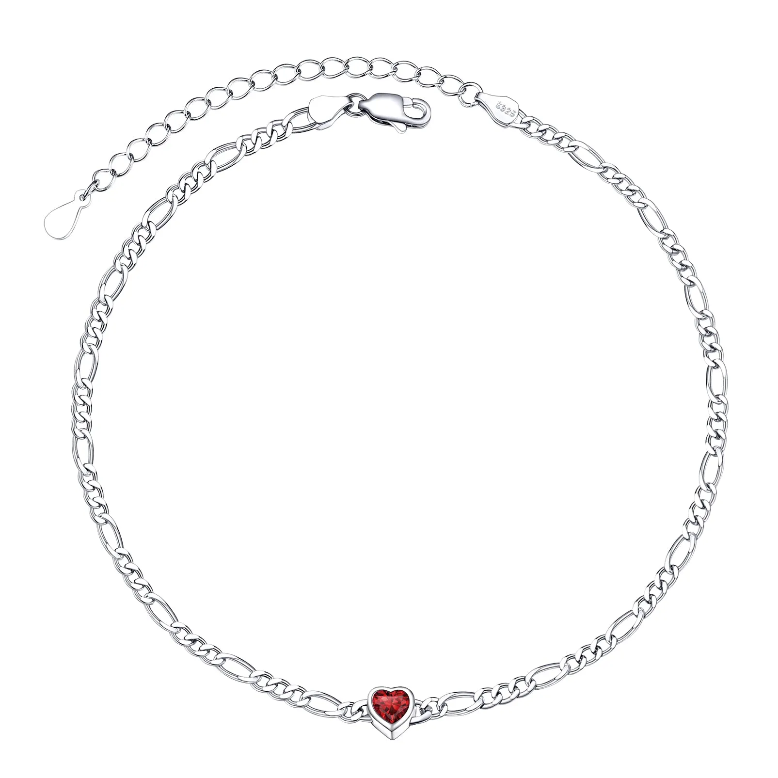 925 Sterling Silver Heart Birthstone Figaro Anklet for Women