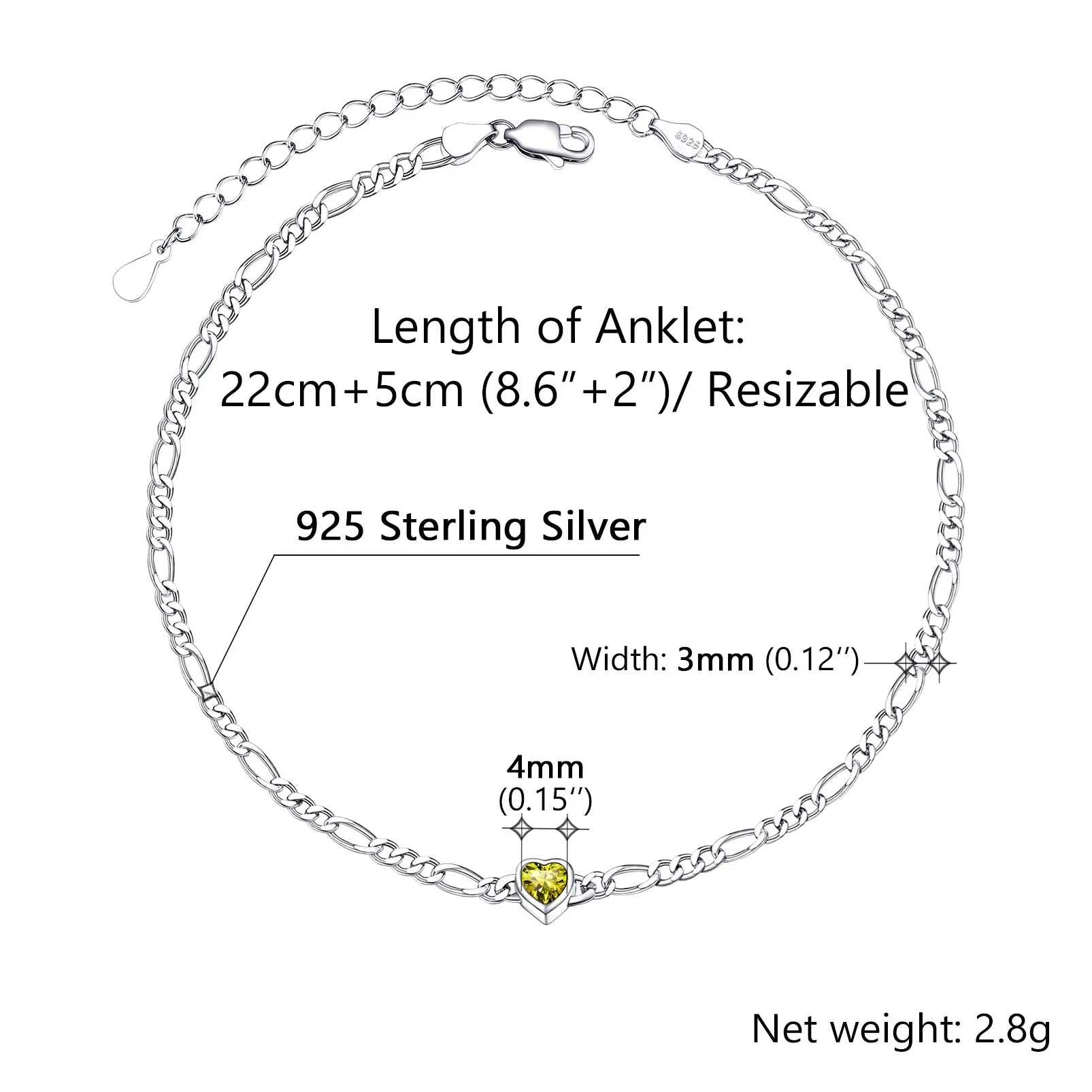 925 Sterling Silver Heart Birthstone Figaro Anklet for Women