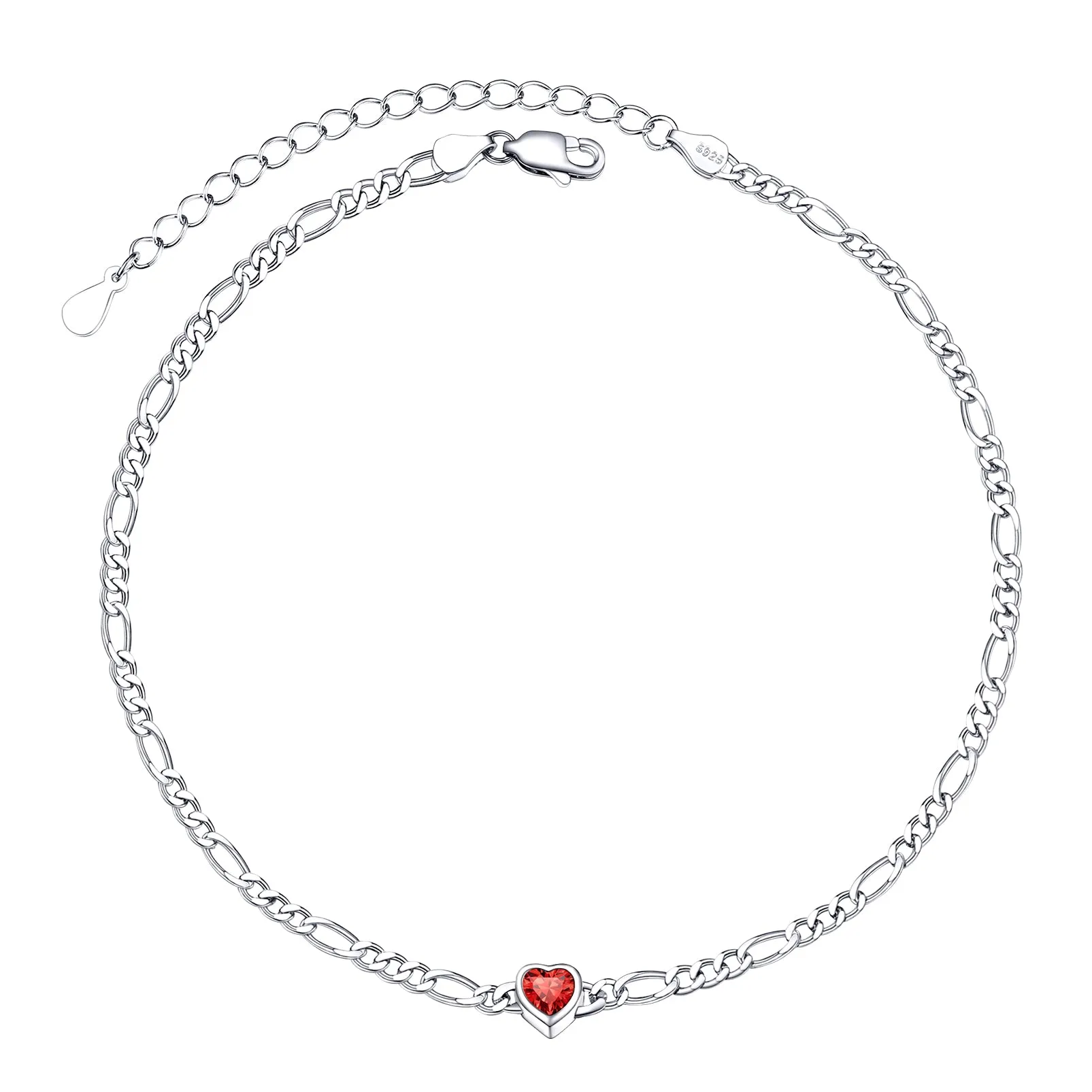 925 Sterling Silver Heart Birthstone Figaro Anklet for Women