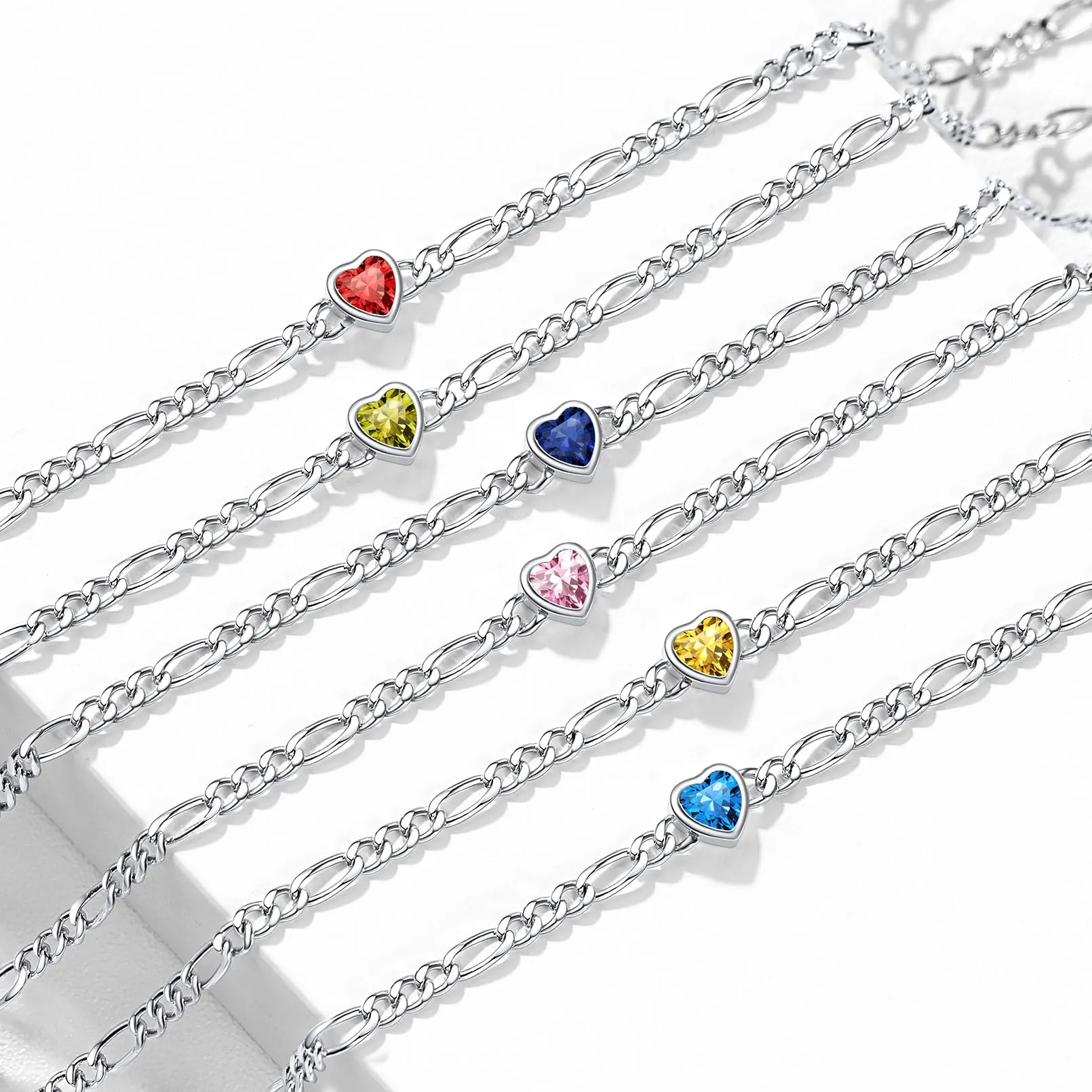 925 Sterling Silver Heart Birthstone Figaro Anklet for Women