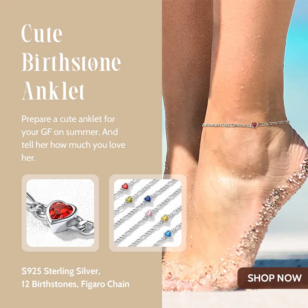 925 Sterling Silver Heart Birthstone Figaro Anklet for Women