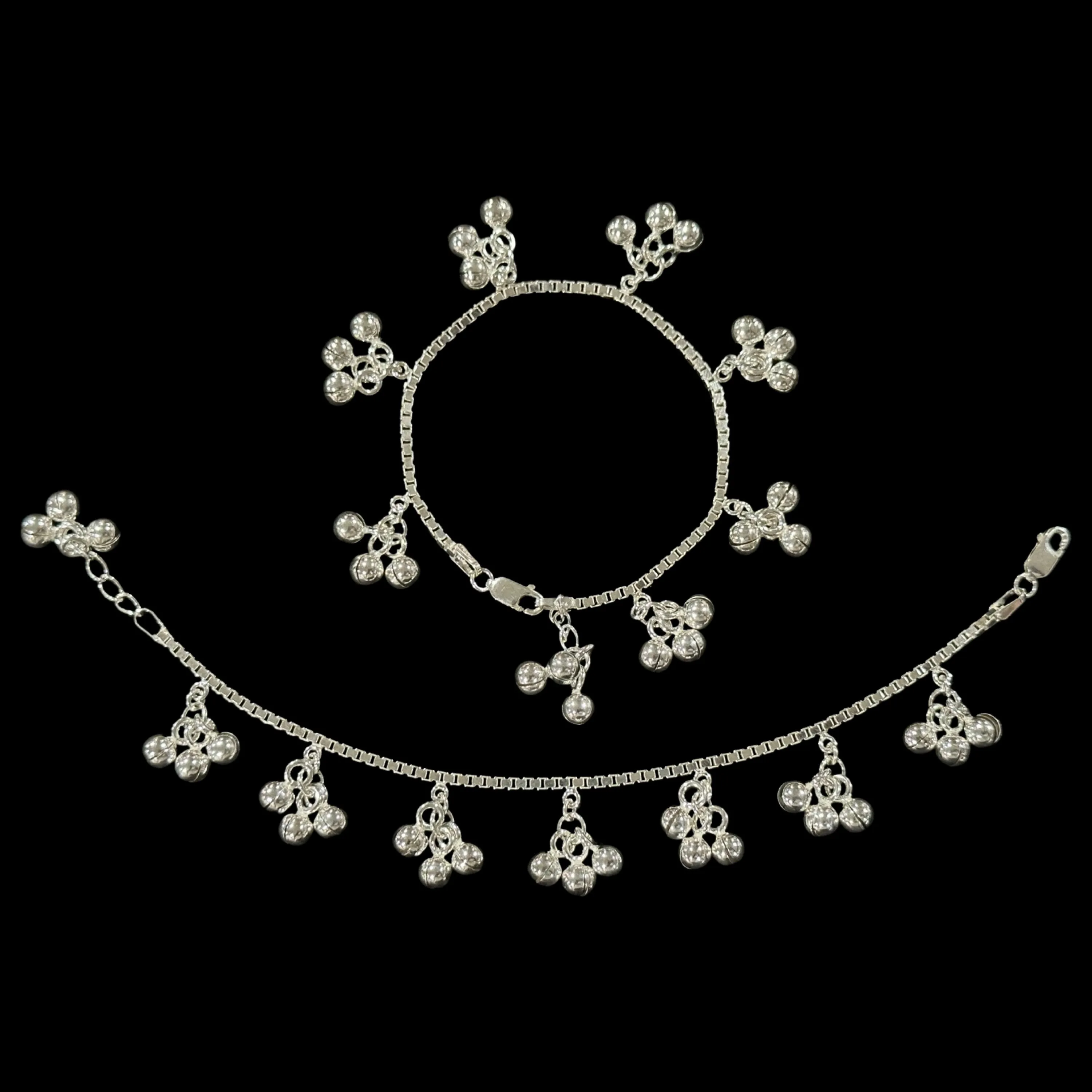 925 Sterling Silver Kids 2.0mm Box Chain Designer Bell Anklet - Style#05
