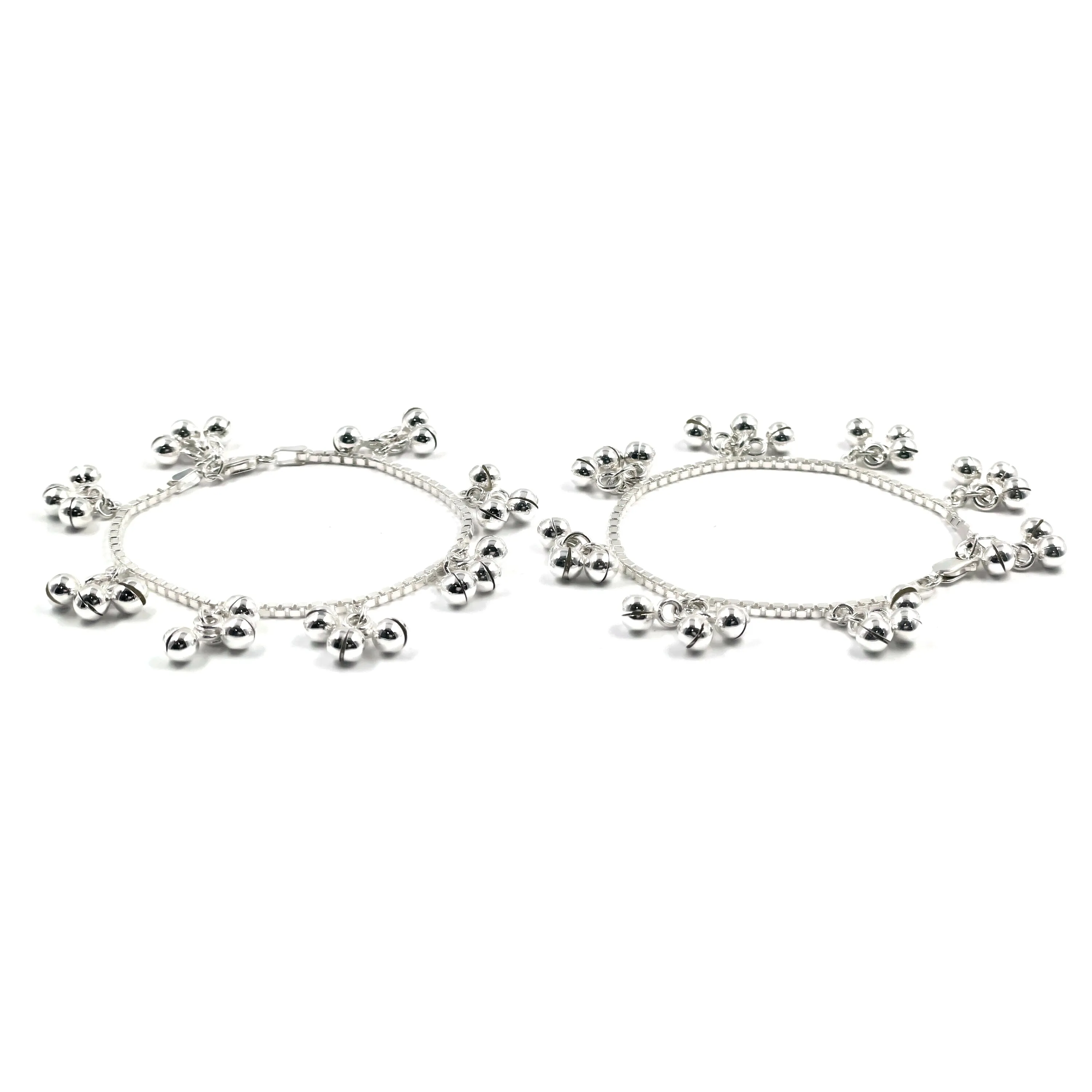 925 Sterling Silver Kids 2.0mm Box Chain Designer Bell Anklet - Style#05