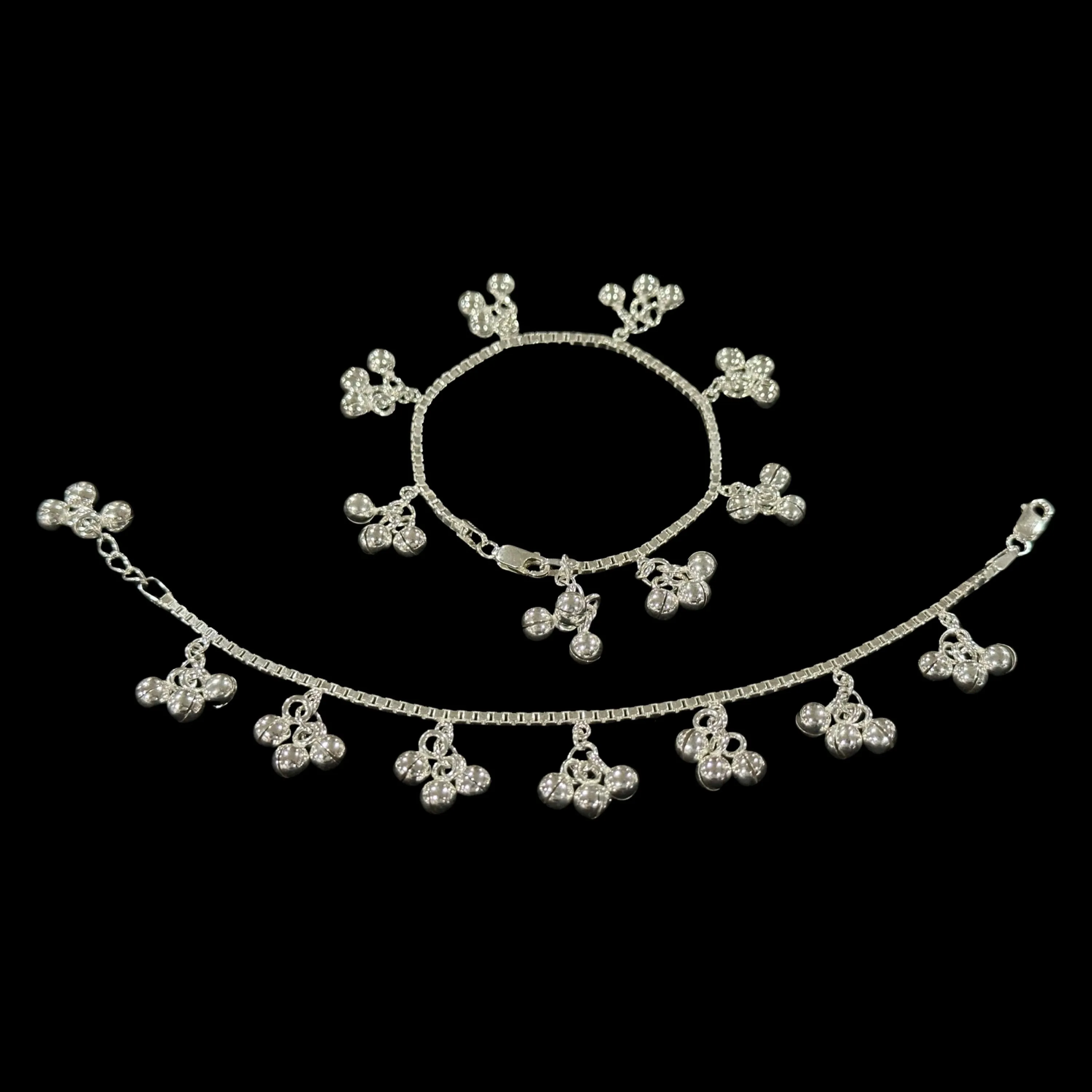 925 Sterling Silver Kids 2.0mm Box Chain Designer Bell Anklet - Style#05