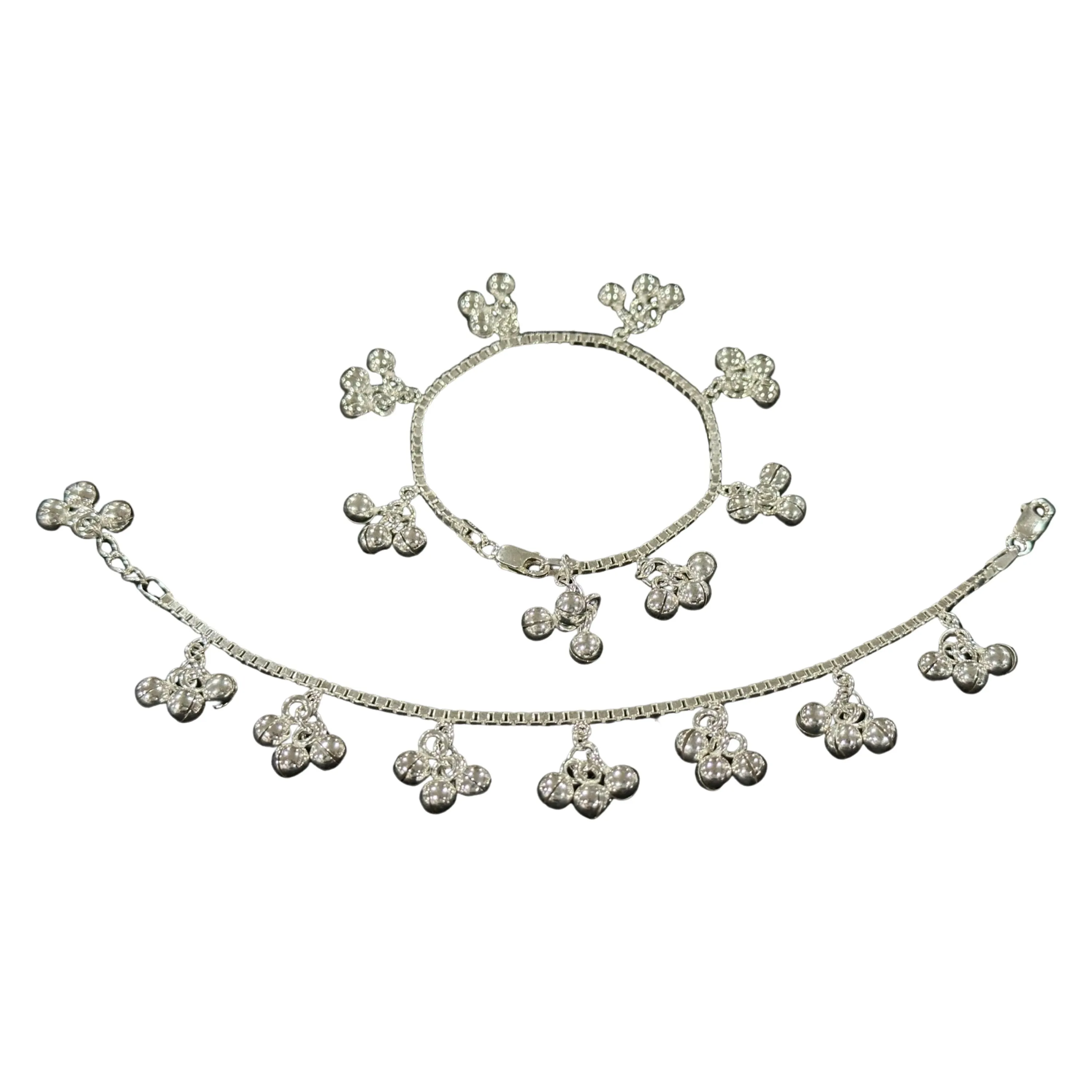 925 Sterling Silver Kids 2.0mm Box Chain Designer Bell Anklet - Style#05