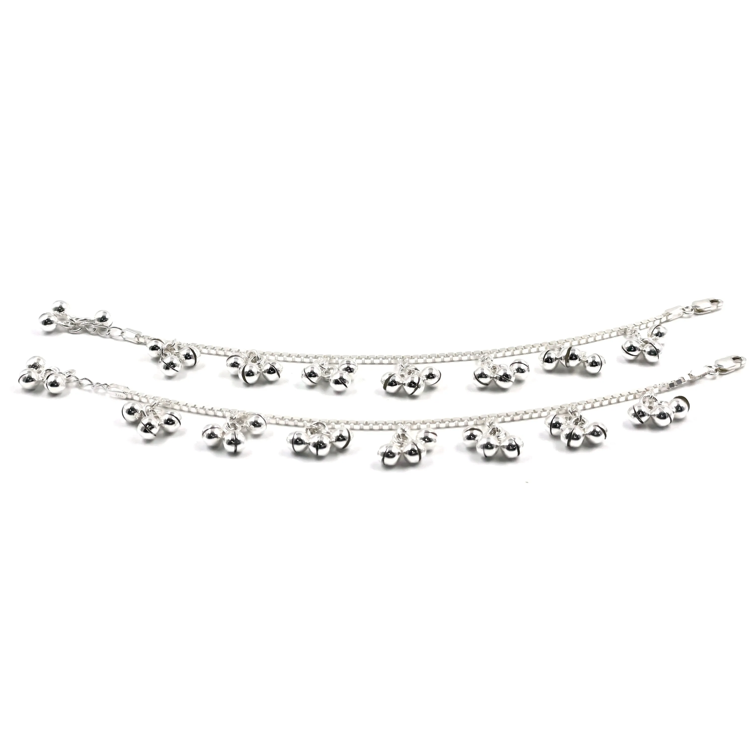 925 Sterling Silver Kids 2.0mm Box Chain Designer Bell Anklet - Style#05