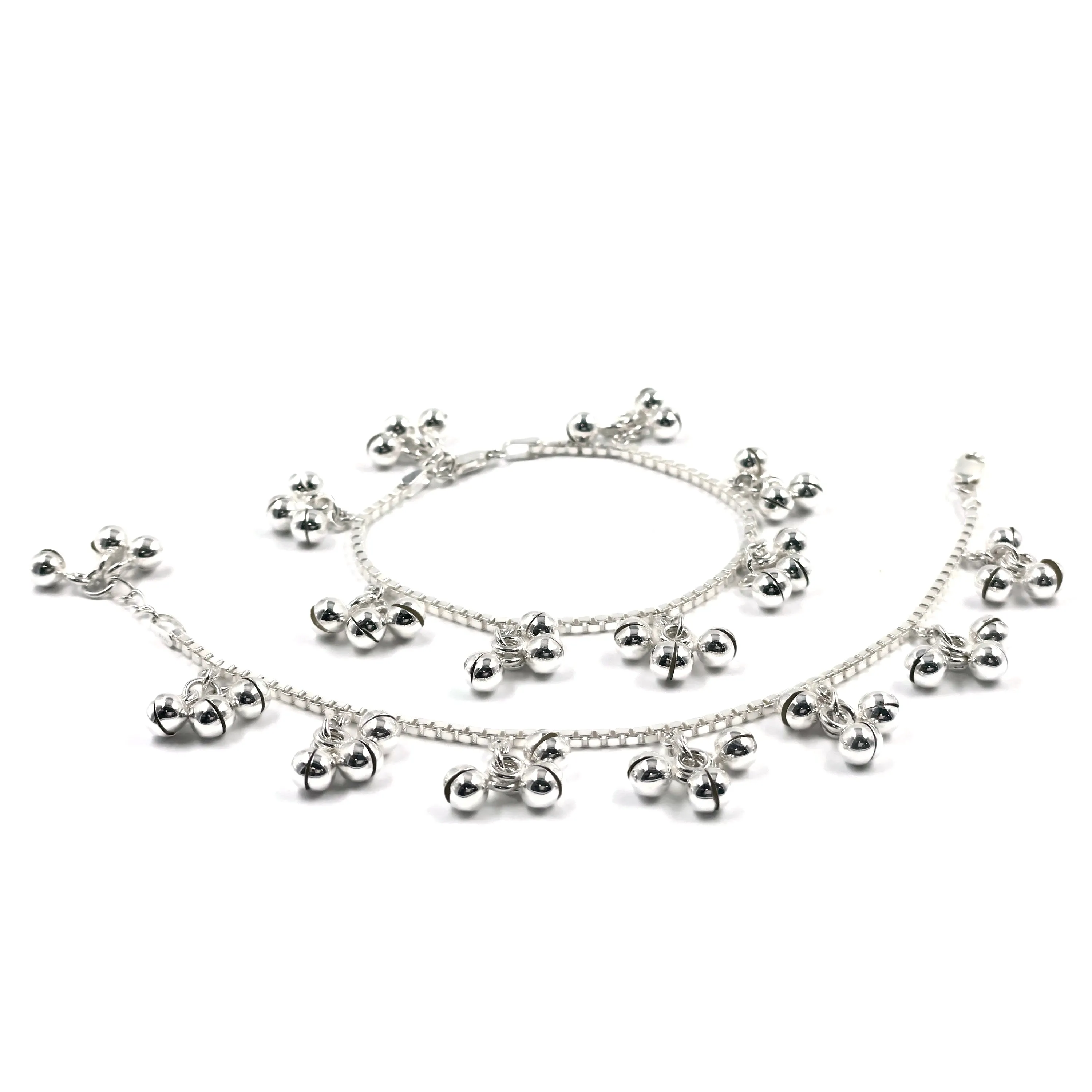 925 Sterling Silver Kids 2.0mm Box Chain Designer Bell Anklet - Style#05