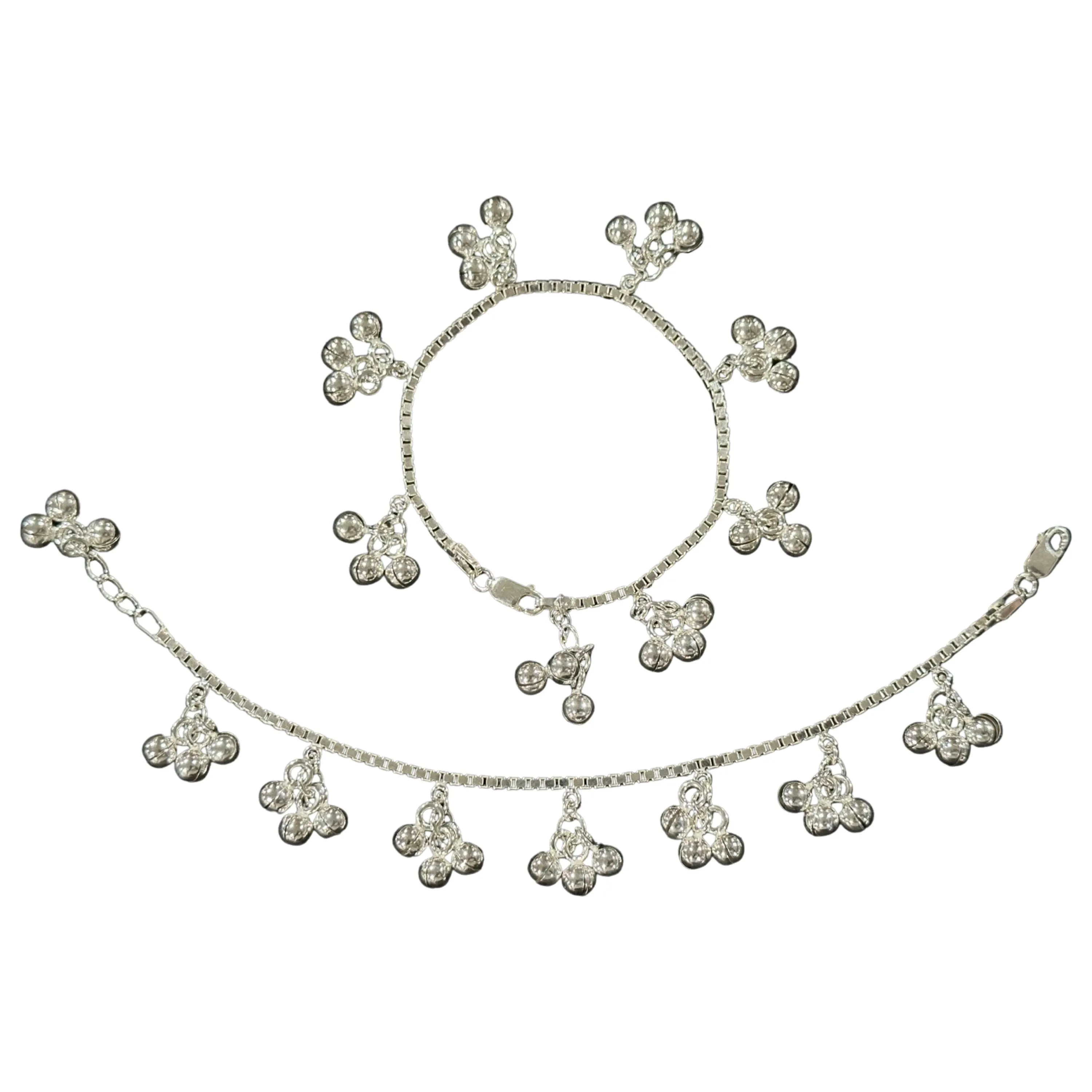 925 Sterling Silver Kids 2.0mm Box Chain Designer Bell Anklet - Style#05