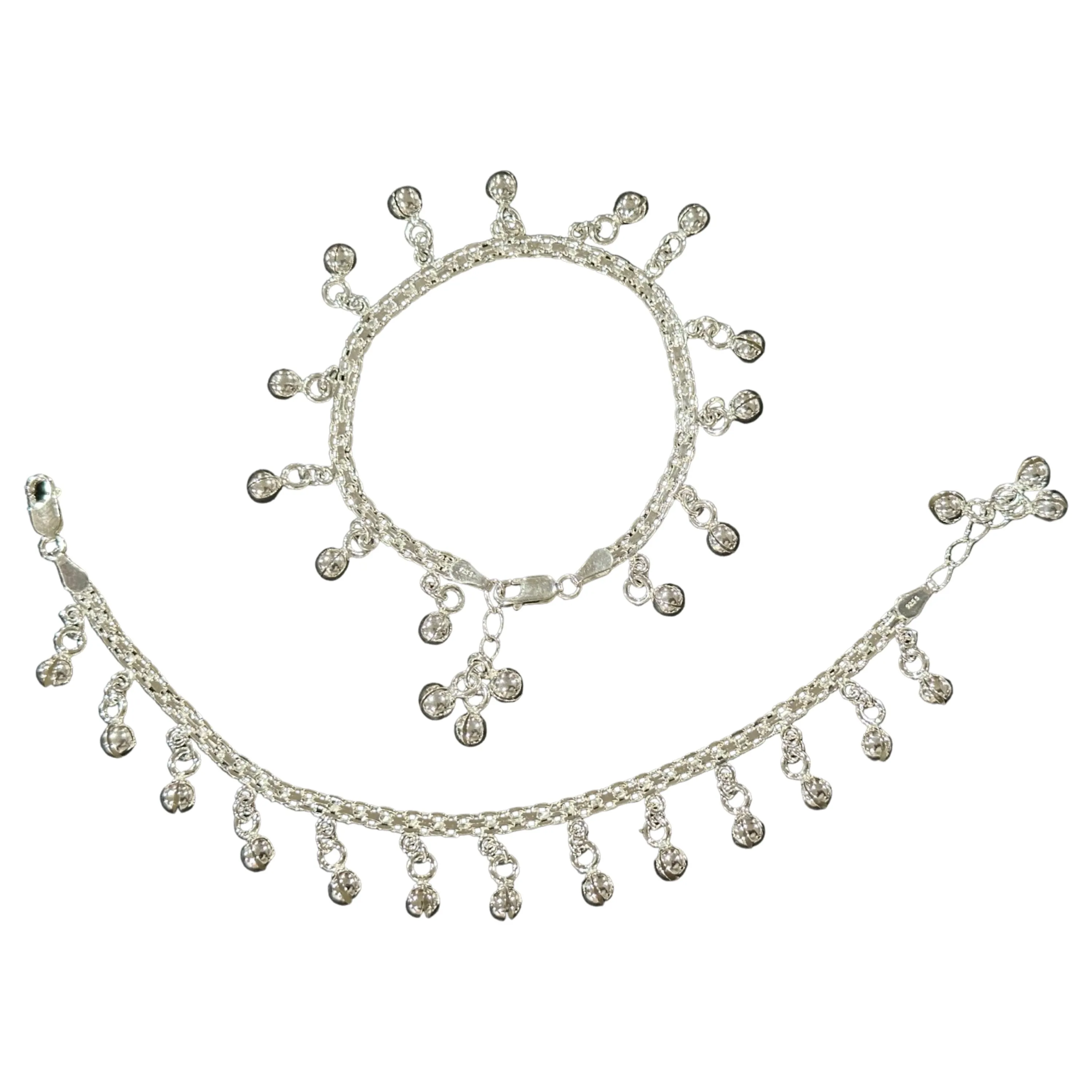 925 Sterling Silver Kids 3mm Mat Chain Designer Bell Anklet - Style#01