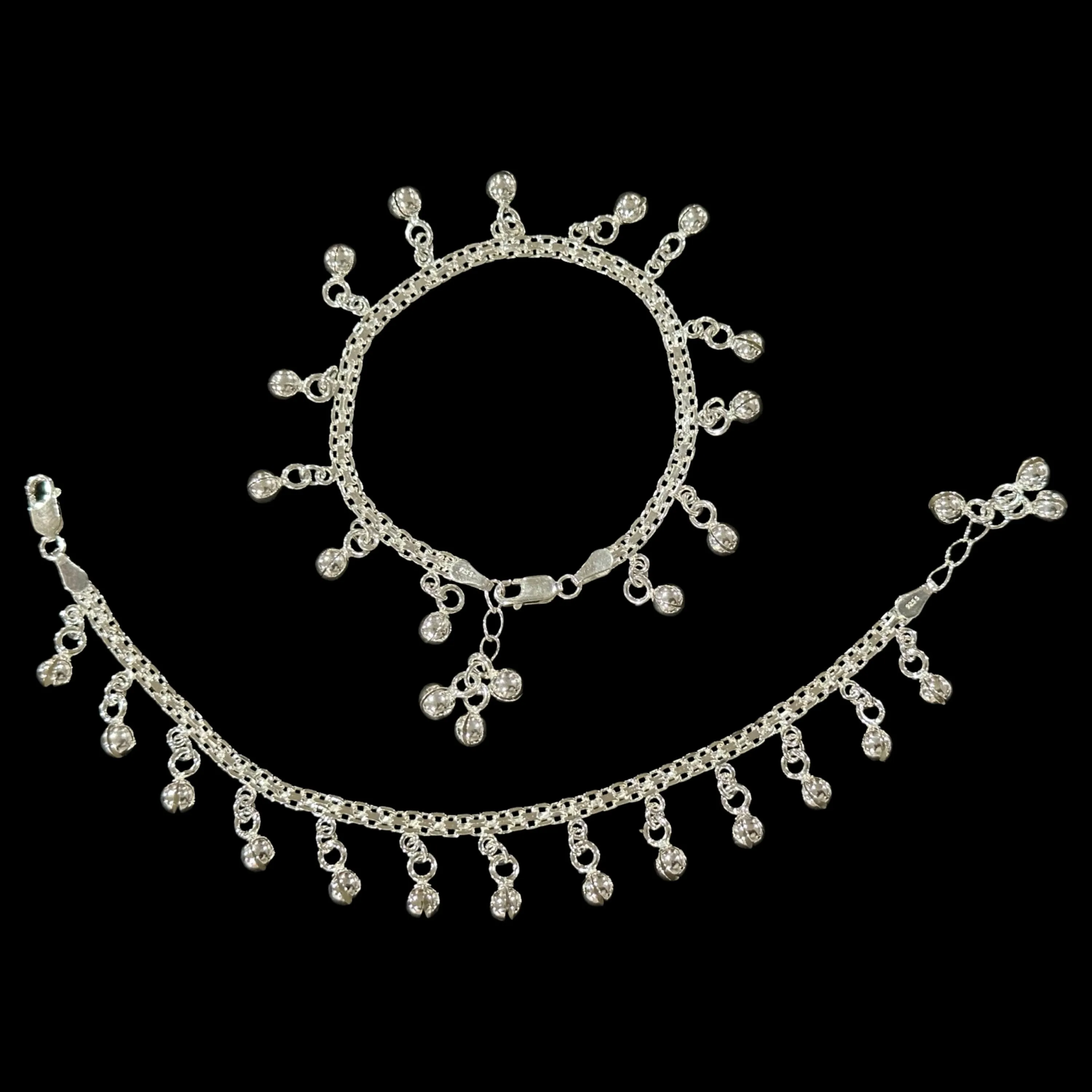 925 Sterling Silver Kids 3mm Mat Chain Designer Bell Anklet - Style#01