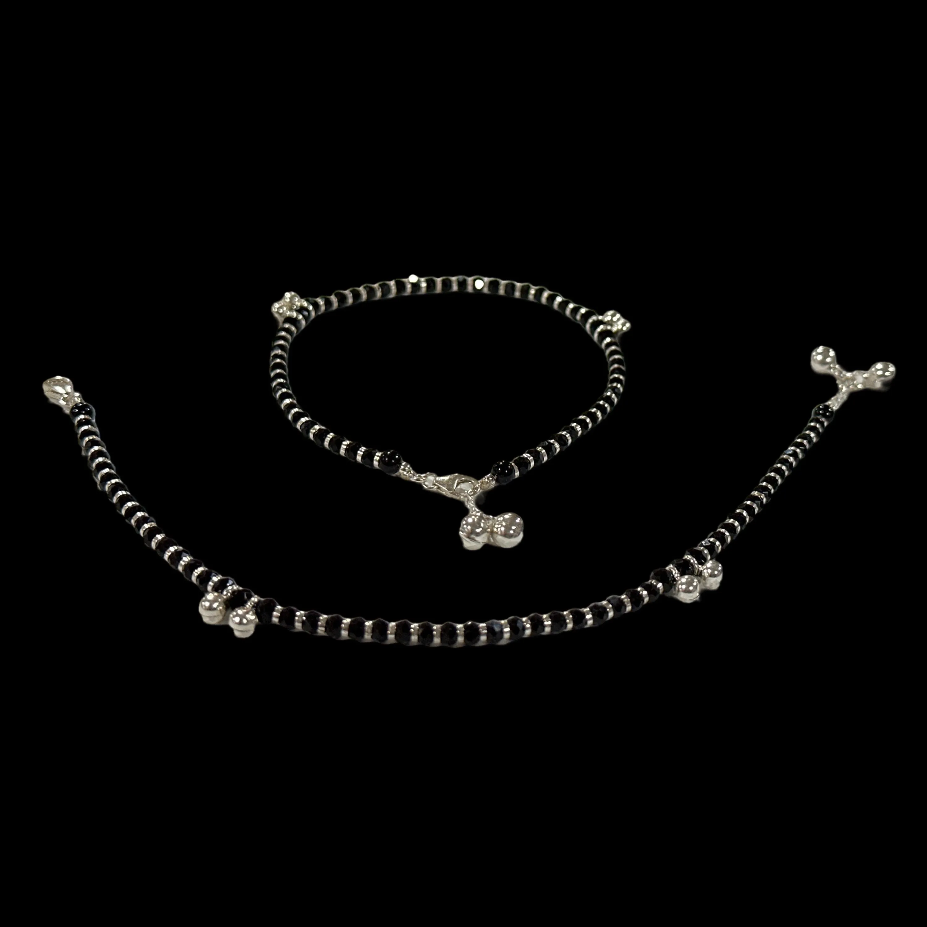 925 Sterling Silver Kids Black Beads Najariya Anklet - Style#03