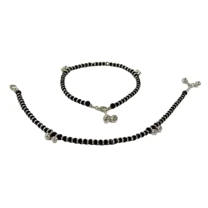 925 Sterling Silver Kids Black Beads Najariya Anklet - Style#03