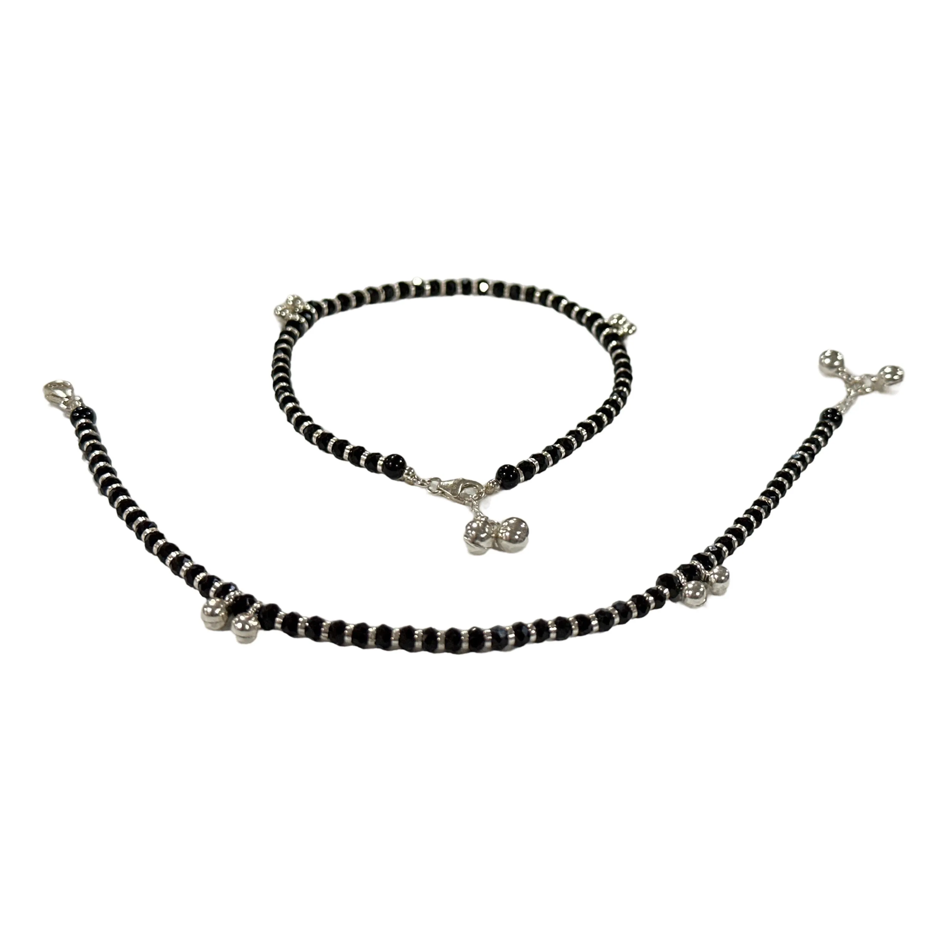925 Sterling Silver Kids Black Beads Najariya Anklet - Style#03