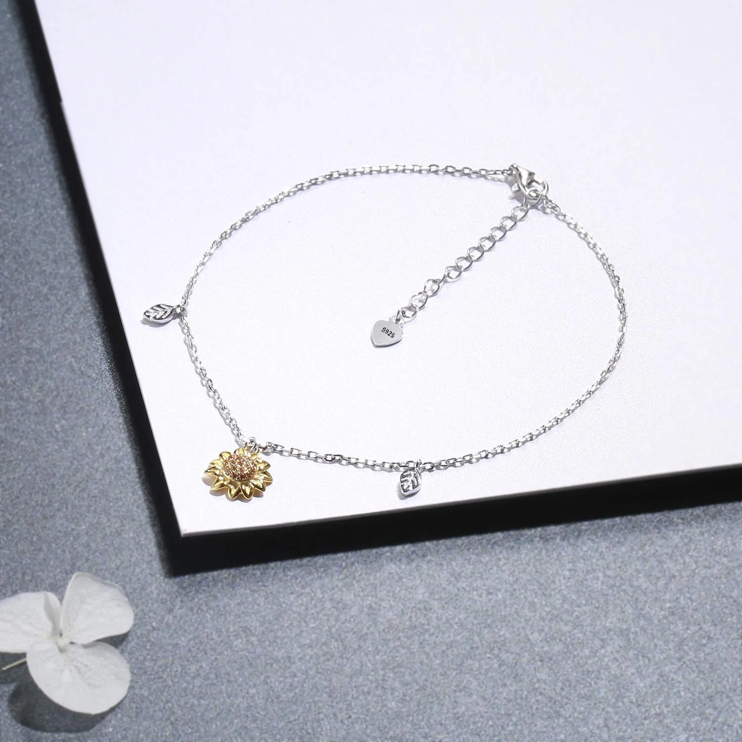 Birthday Sunflower Flower Necklace Anklet Earrings Ring - S925 Sterling Silver Jewelry Heart Pendant For Women Girls You Are My Sunshine I Love You Sunflower Anklet