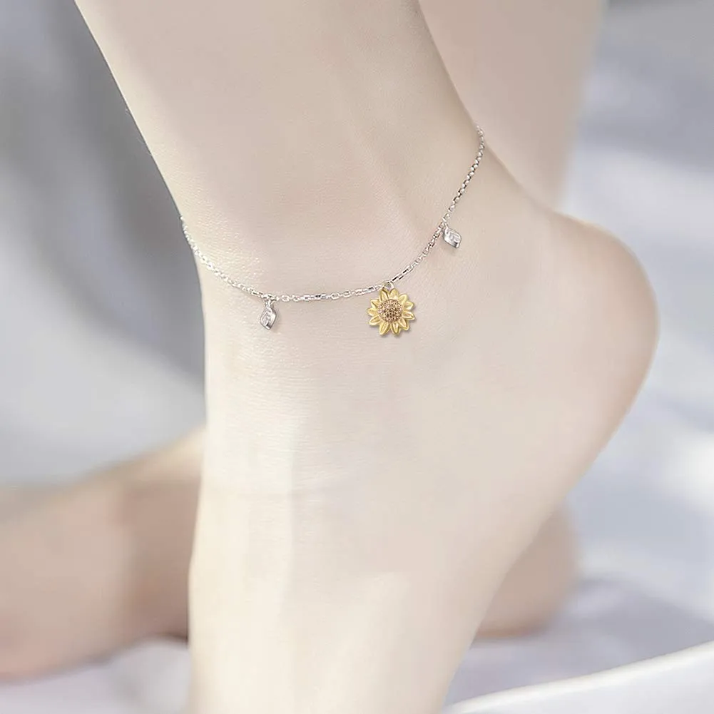 Birthday Sunflower Flower Necklace Anklet Earrings Ring - S925 Sterling Silver Jewelry Heart Pendant For Women Girls You Are My Sunshine I Love You Sunflower Anklet
