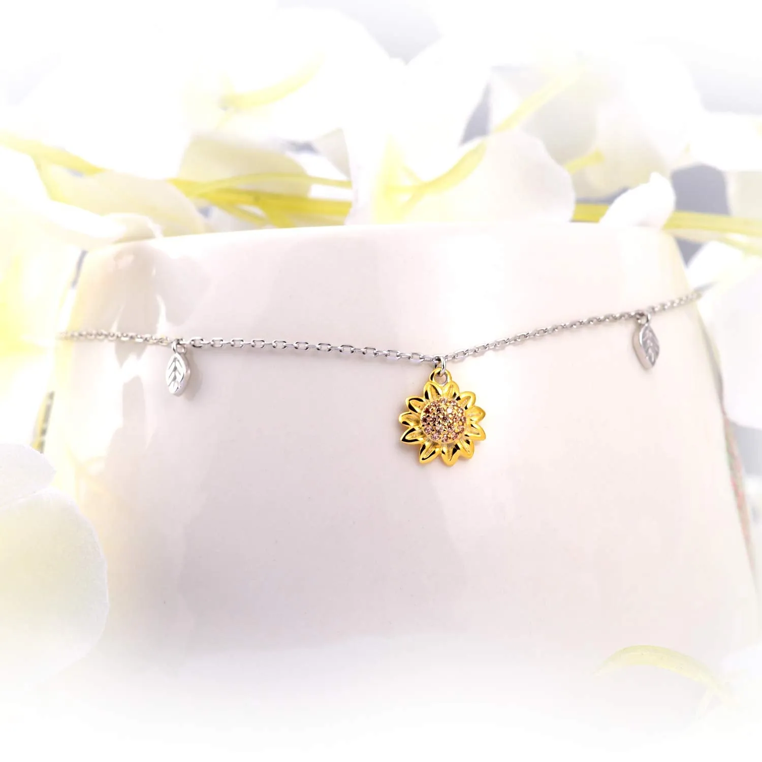 Birthday Sunflower Flower Necklace Anklet Earrings Ring - S925 Sterling Silver Jewelry Heart Pendant For Women Girls You Are My Sunshine I Love You Sunflower Anklet