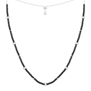 Black agate adjustable necklace with sliding rings - silver