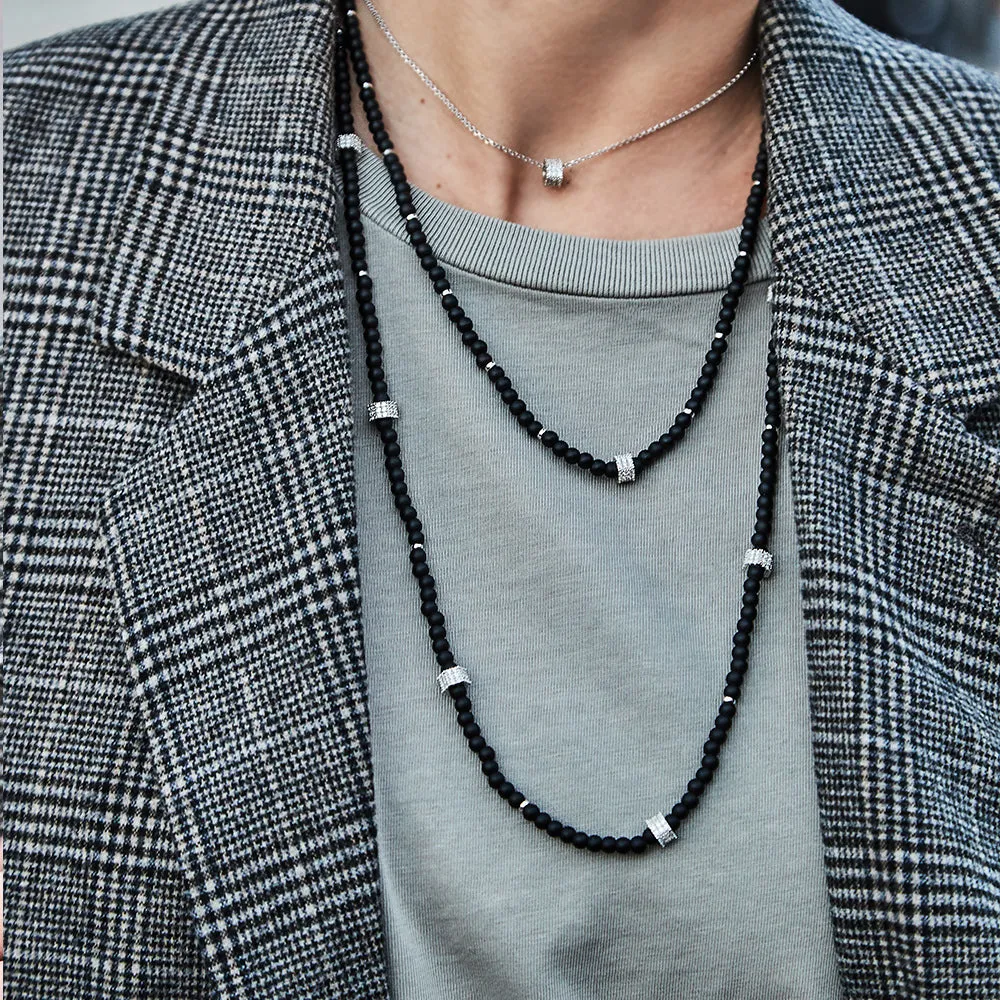 Black agate adjustable necklace with sliding rings - silver