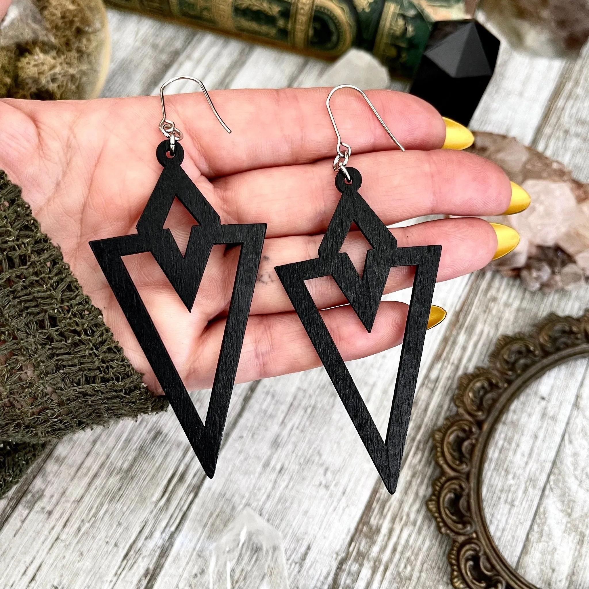 Black laser Cut Wooden Earrings  / Stainless Steel Long Dangly Goth Earrings