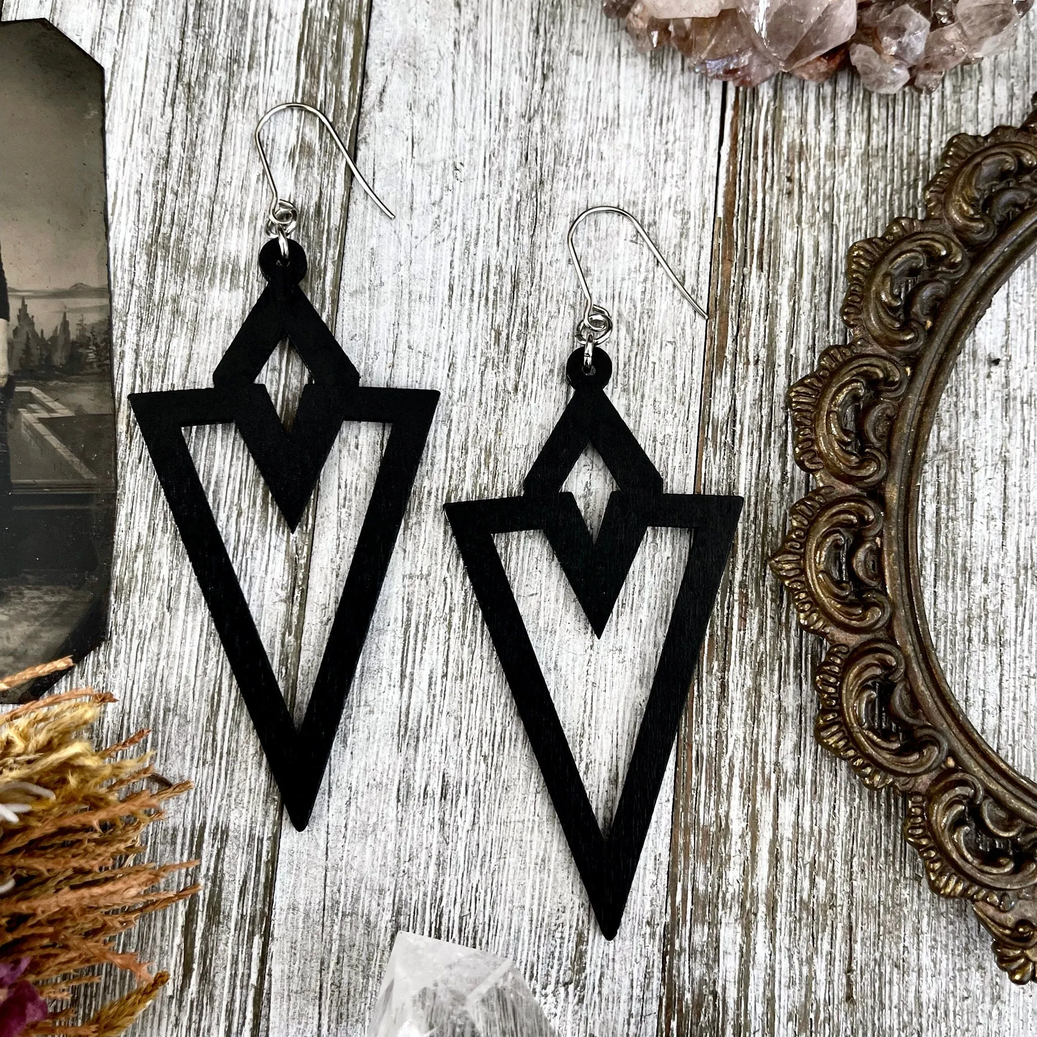 Black laser Cut Wooden Earrings  / Stainless Steel Long Dangly Goth Earrings