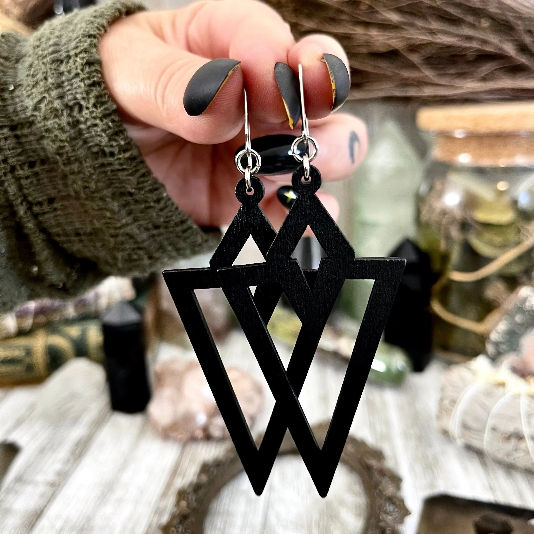 Black laser Cut Wooden Earrings  / Stainless Steel Long Dangly Goth Earrings