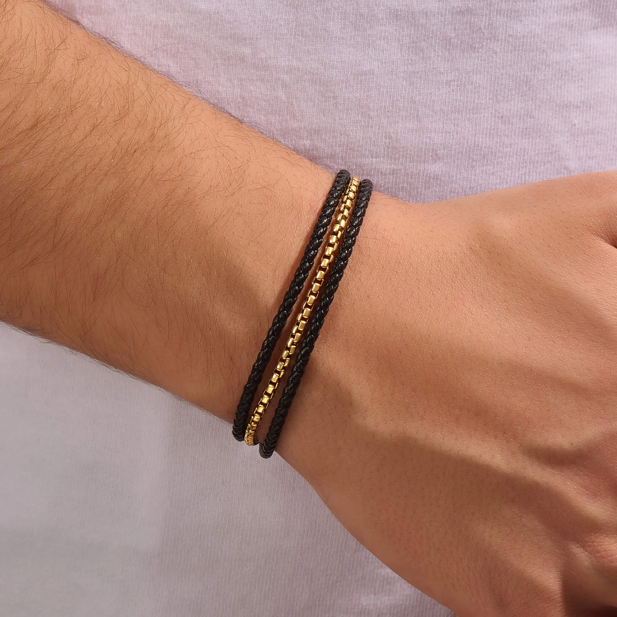 Box Chain & Leather Wrap Bracelet in Silver