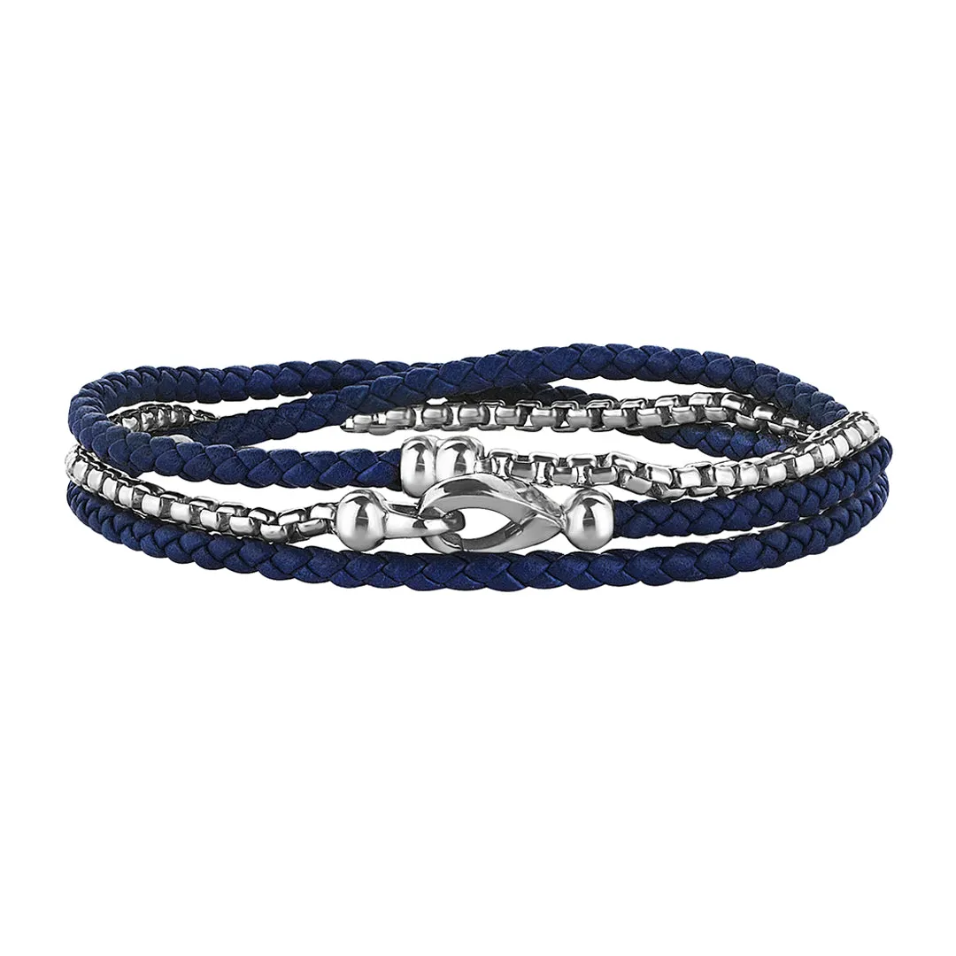 Box Chain & Leather Wrap Bracelet in Silver