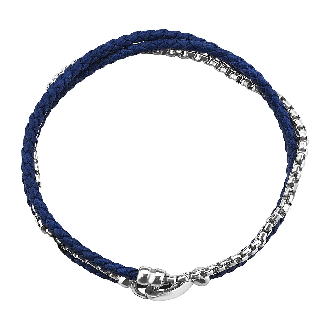 Box Chain & Leather Wrap Bracelet in Silver