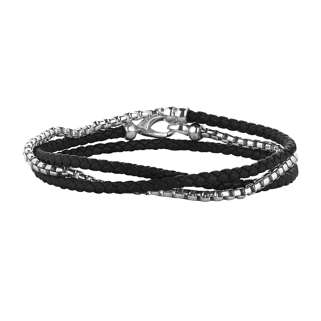 Box Chain & Leather Wrap Bracelet in Silver