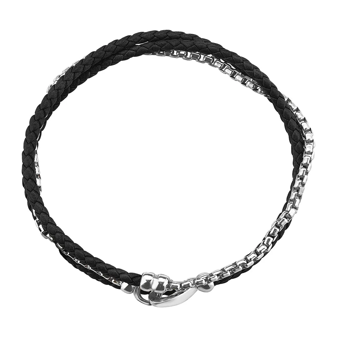 Box Chain & Leather Wrap Bracelet in Silver