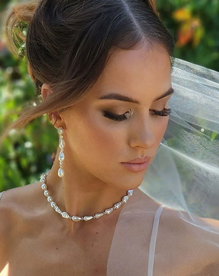 Bridal earrings - baroque pearl and crystal long drops - Nikola by Kezani