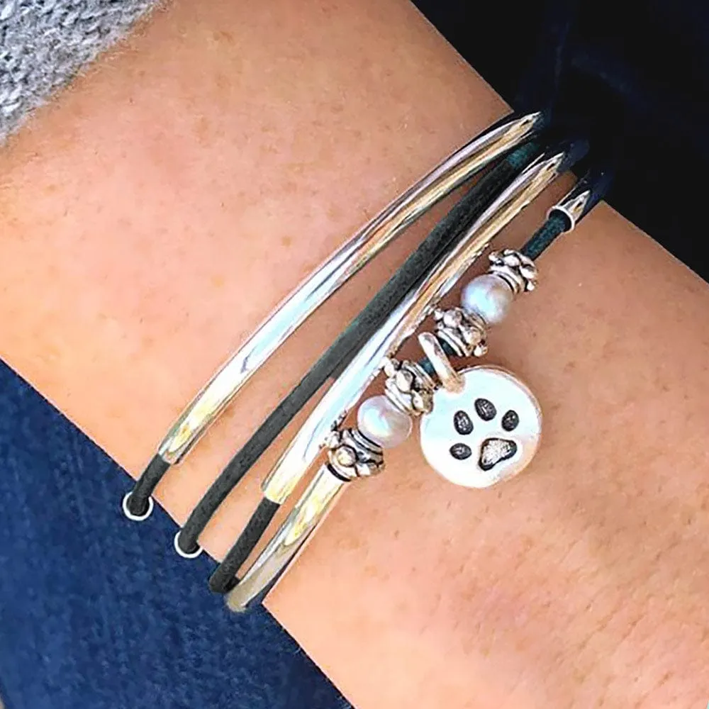 Charming Black Leather Wrap Bracelet with Pearls & Silver Crescents