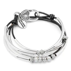 Charming Black Leather Wrap Bracelet with Pearls & Silver Crescents