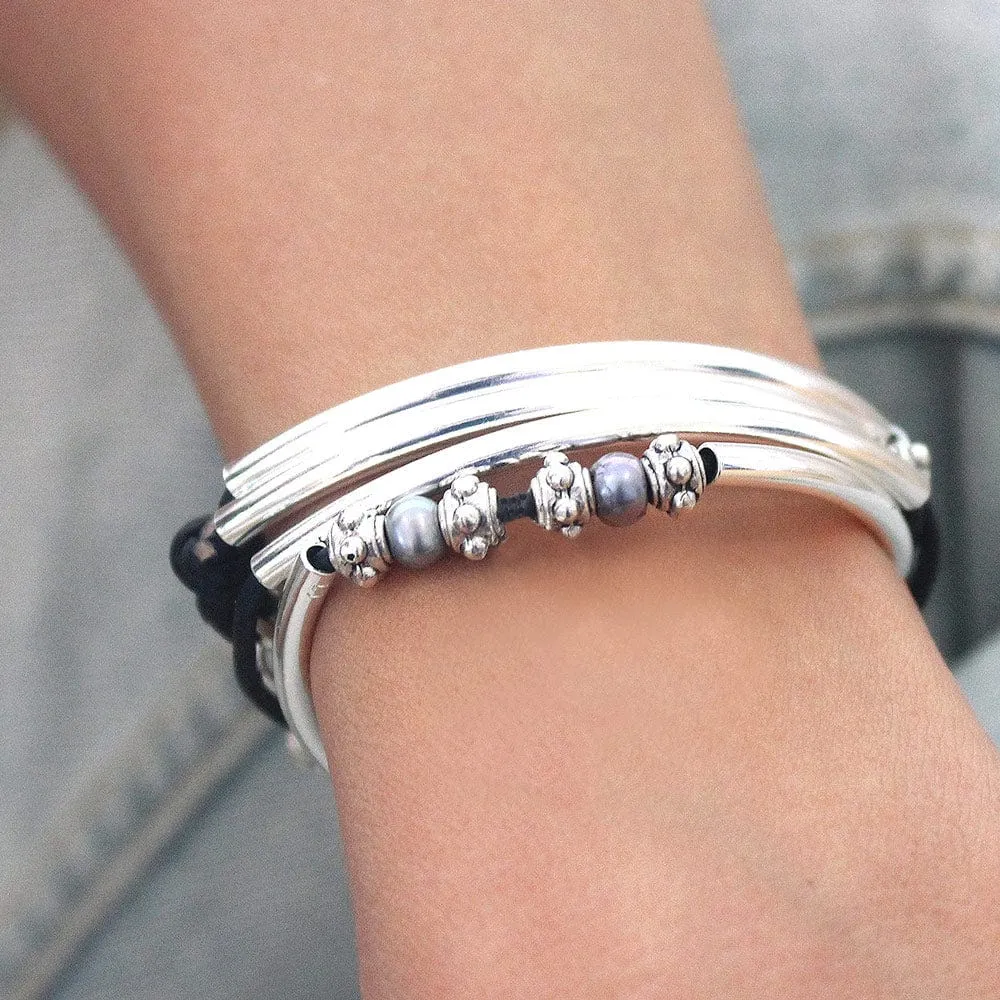 Charming Black Leather Wrap Bracelet with Pearls & Silver Crescents