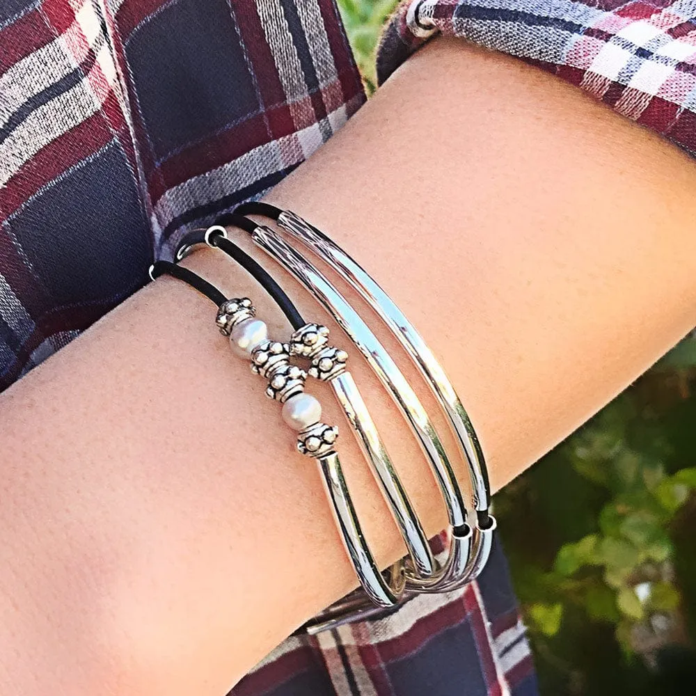 Charming Black Leather Wrap Bracelet with Pearls & Silver Crescents