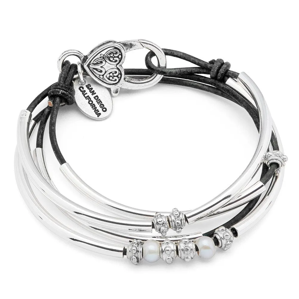 Charming Black Leather Wrap Bracelet with Pearls & Silver Crescents