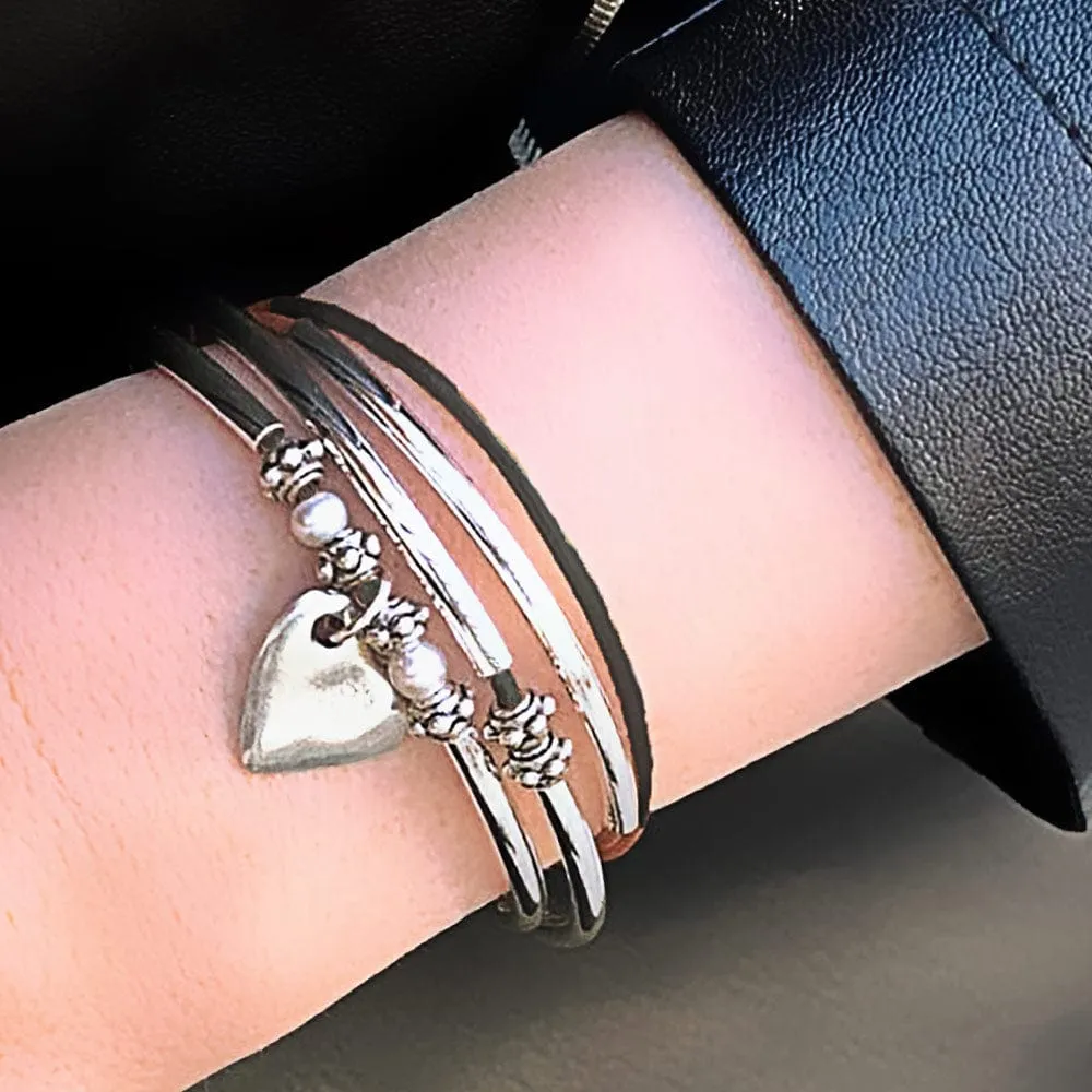Charming Black Leather Wrap Bracelet with Pearls & Silver Crescents