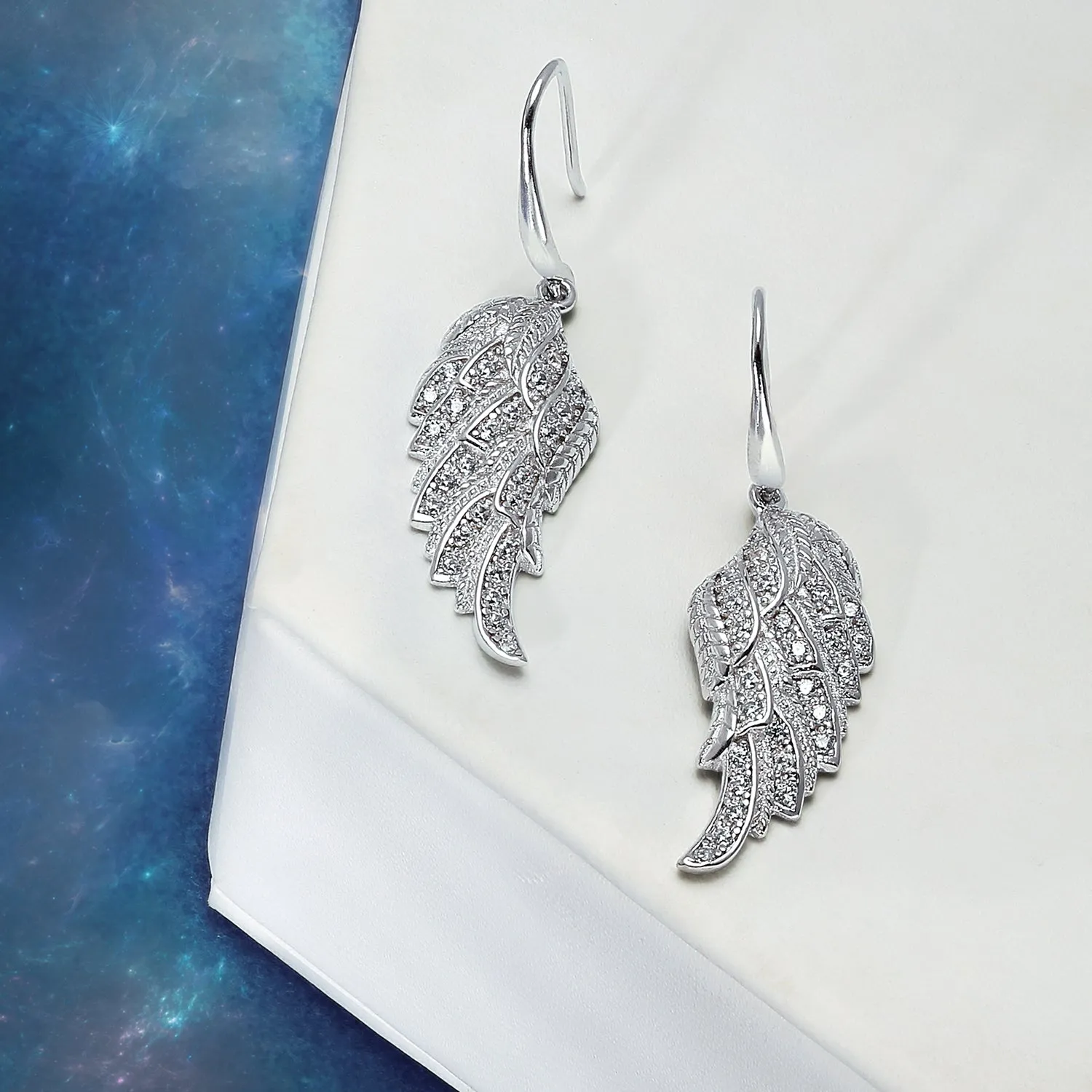 Cubic Zirconia CZ Angel Wing Feather Dangle Earrings Sterling Silver
