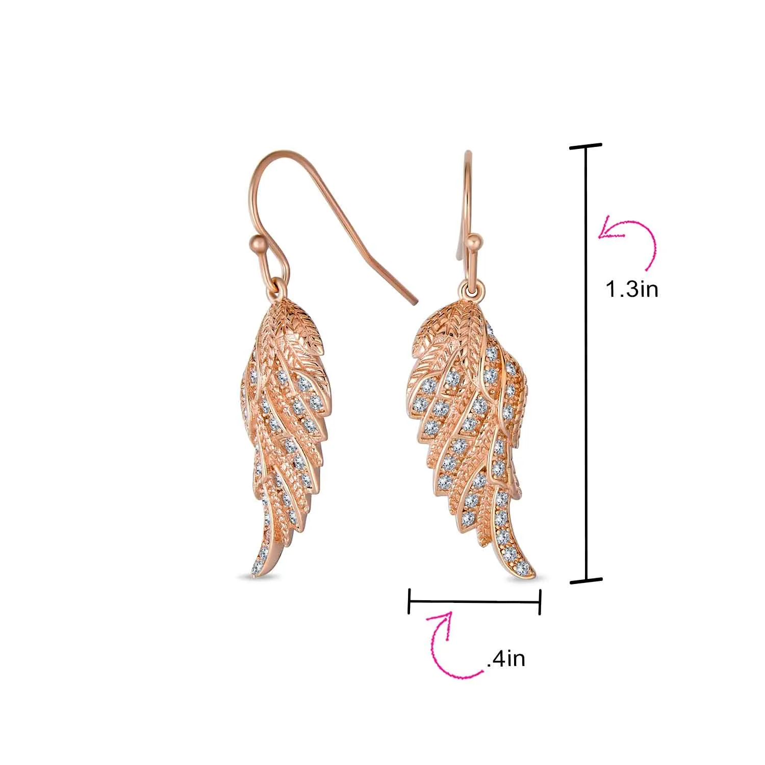 Cubic Zirconia CZ Angel Wing Feather Dangle Earrings Sterling Silver